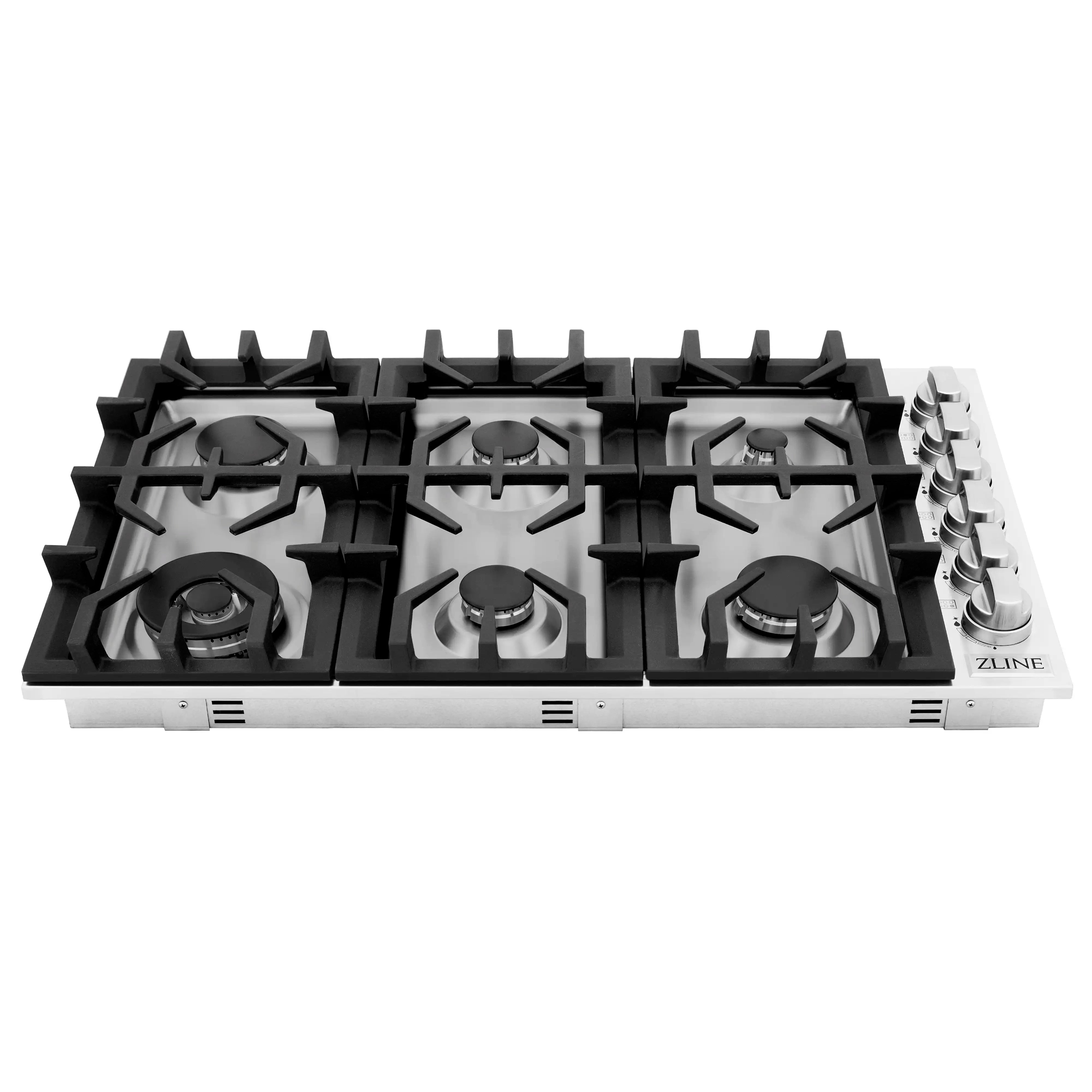 Gas cooktop top view with six black grates and right-side control knobs