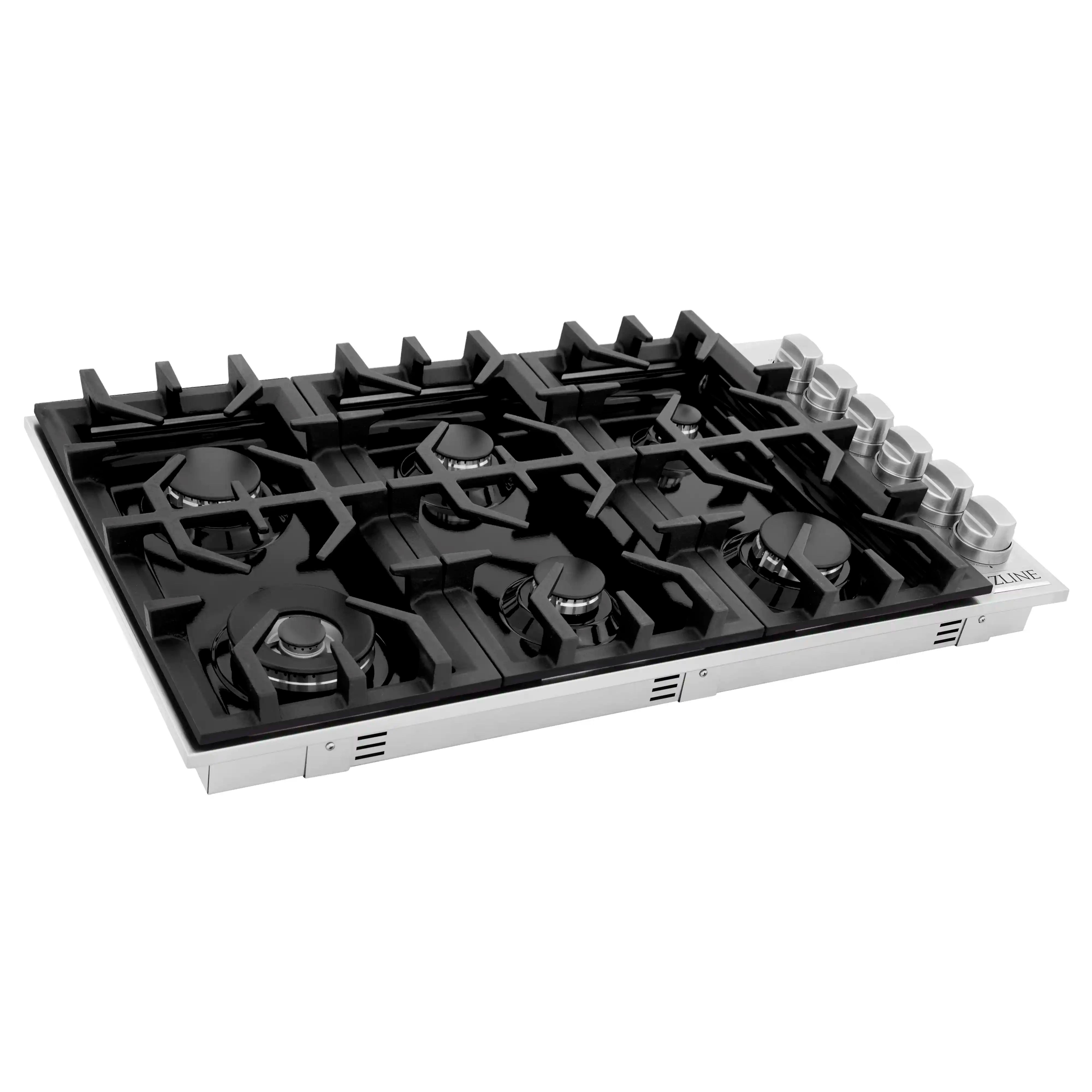 Black gas cooktop with six burners, black grates, and silver edge frame
