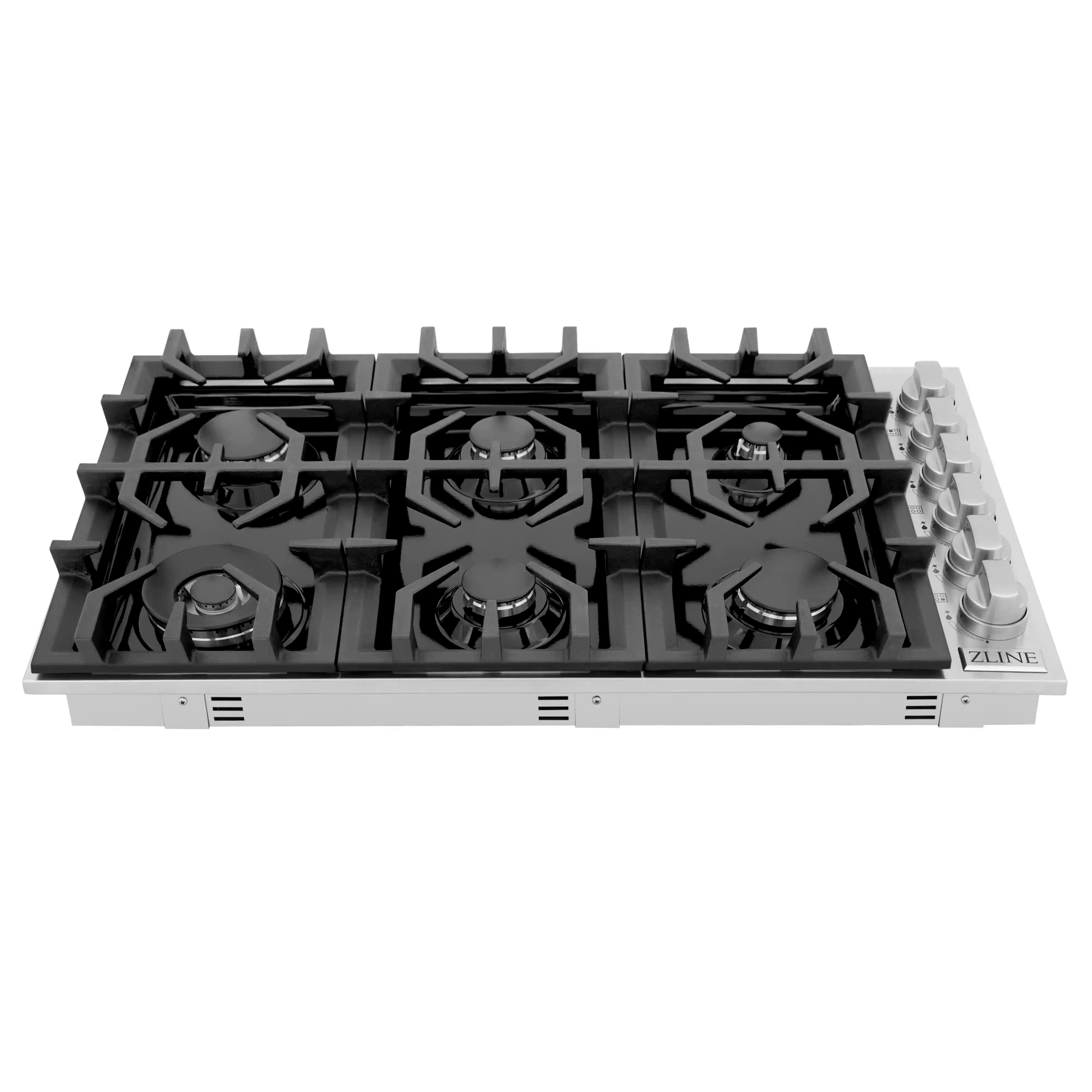 Black gas cooktop with six burners and black grates on a silver front frame