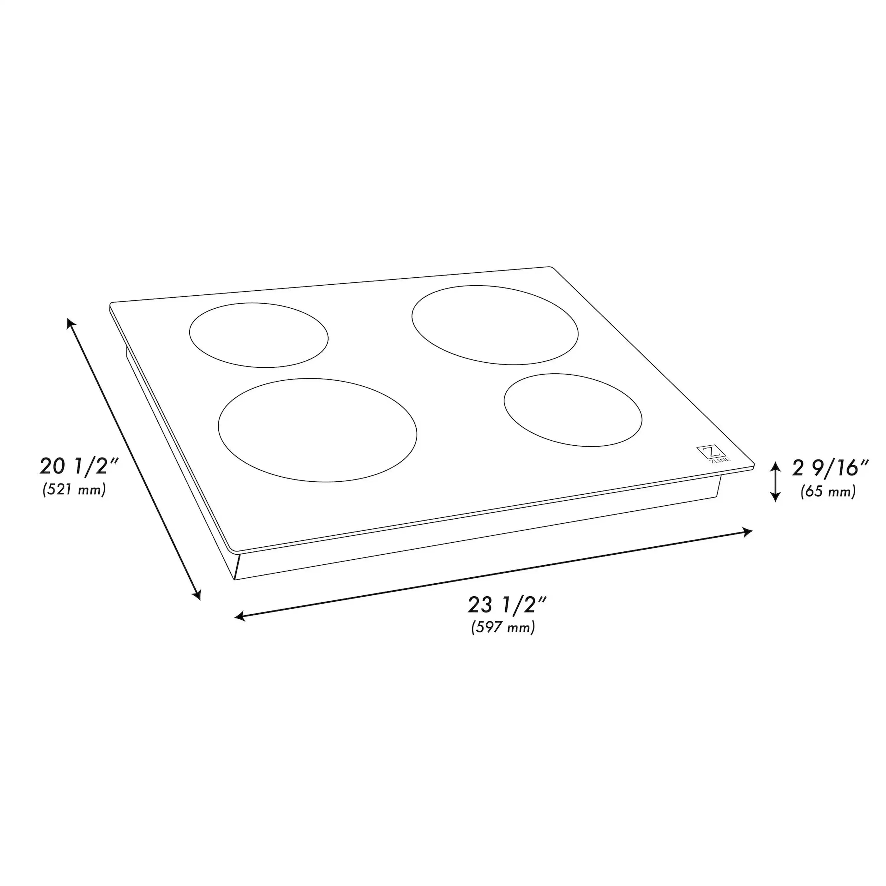 Induction cooktop dimension diagram: 23 1/2 in by 20 1/2 in with four zones