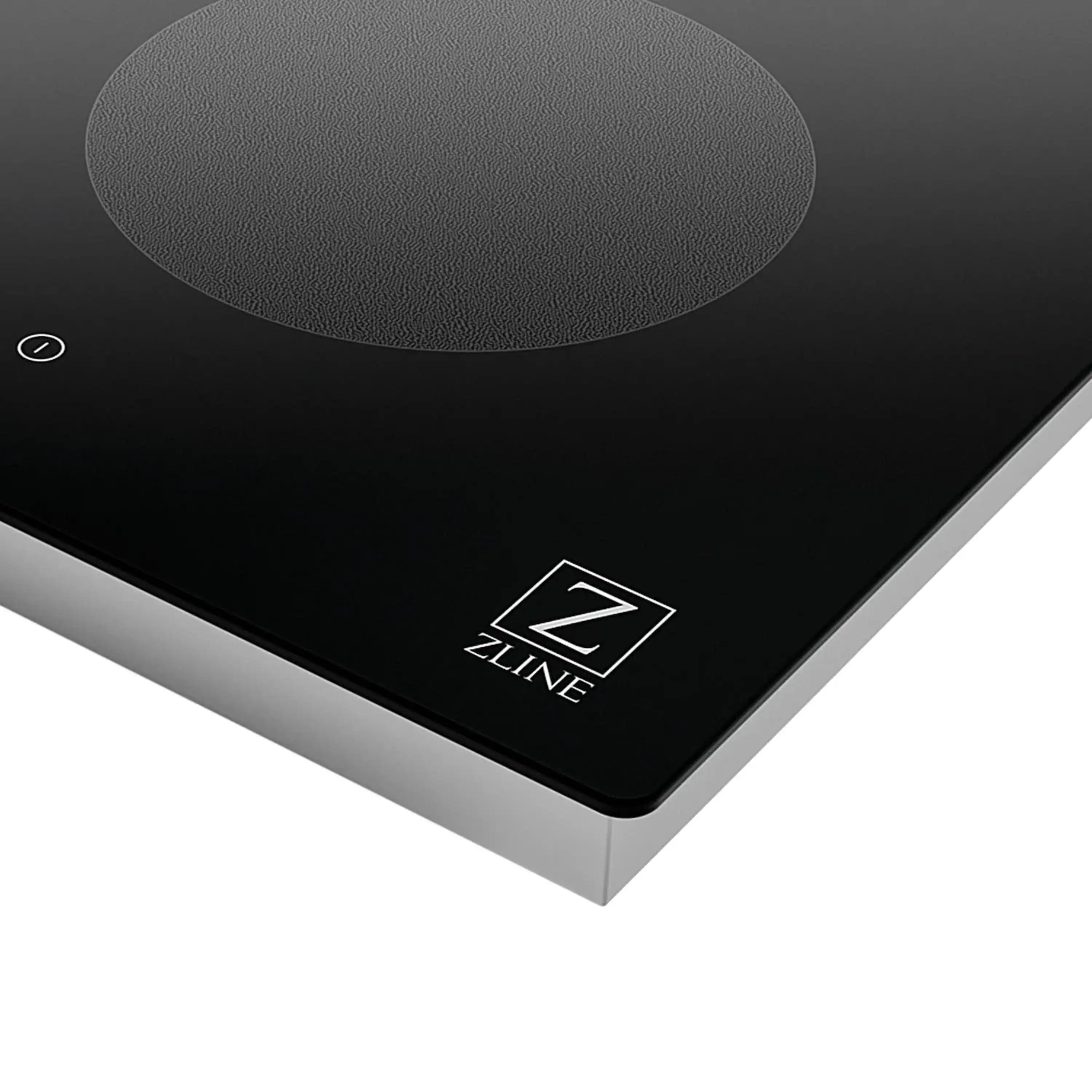 ZLINE induction cooktop corner with logo and textured burner surface details