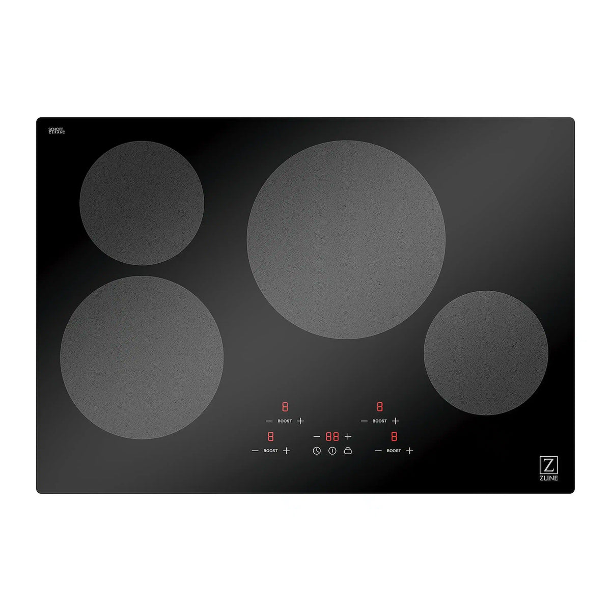 ZLINE induction cooktop with red temperature display and 4 glass heating zones