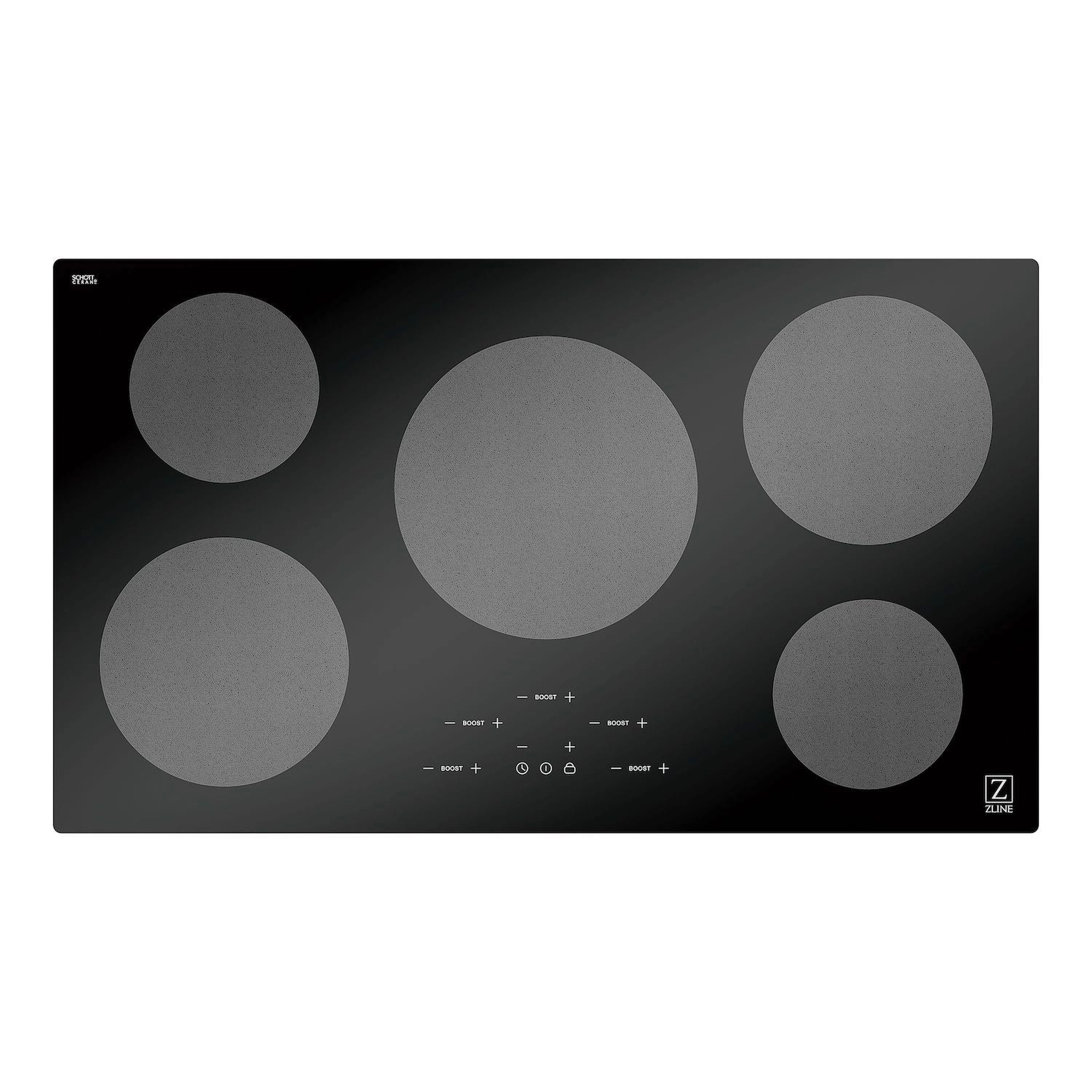 Black glass induction cooktop front view with five burner zones and ZLINE logo