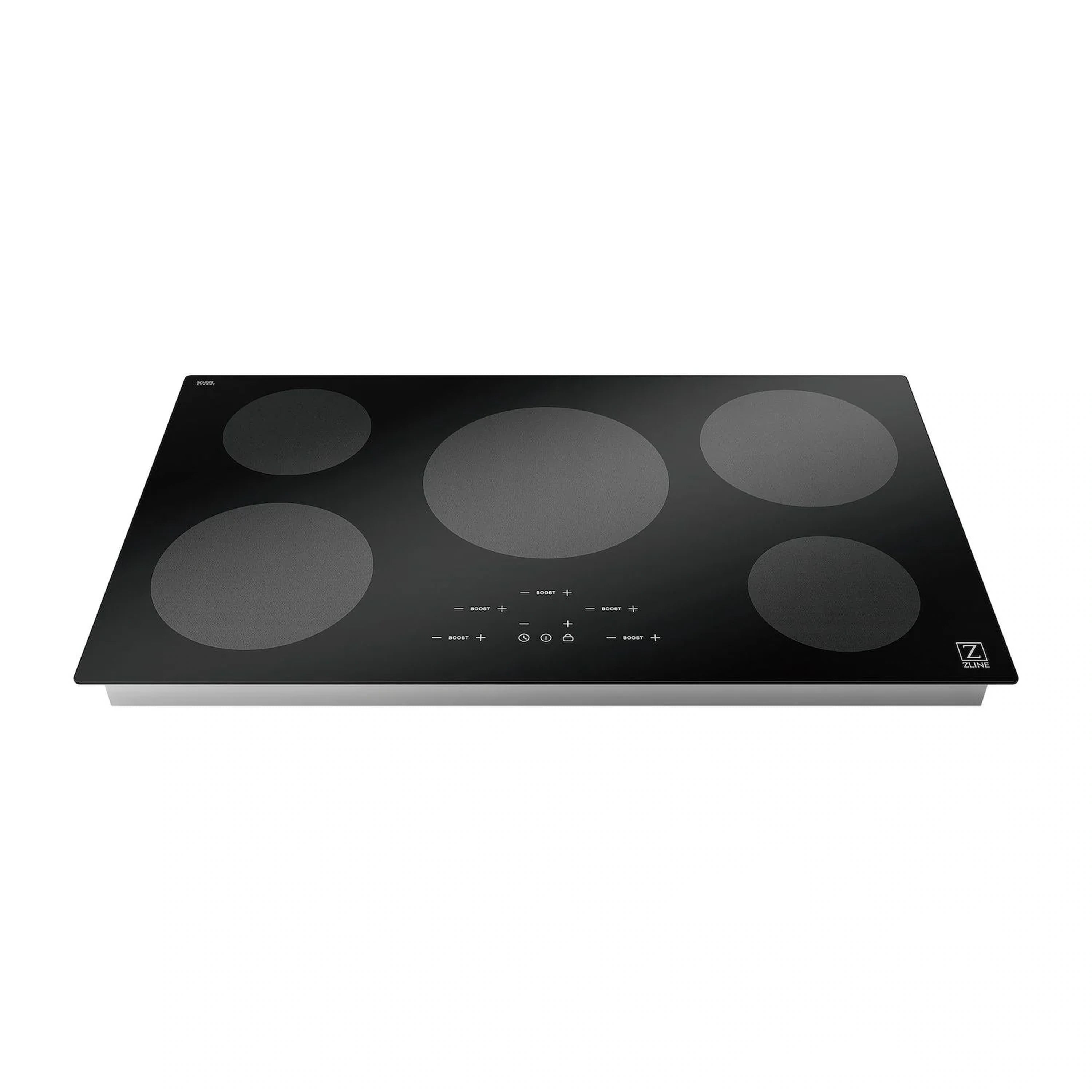 Front view of black glass induction cooktop with five burner zones and touch controls