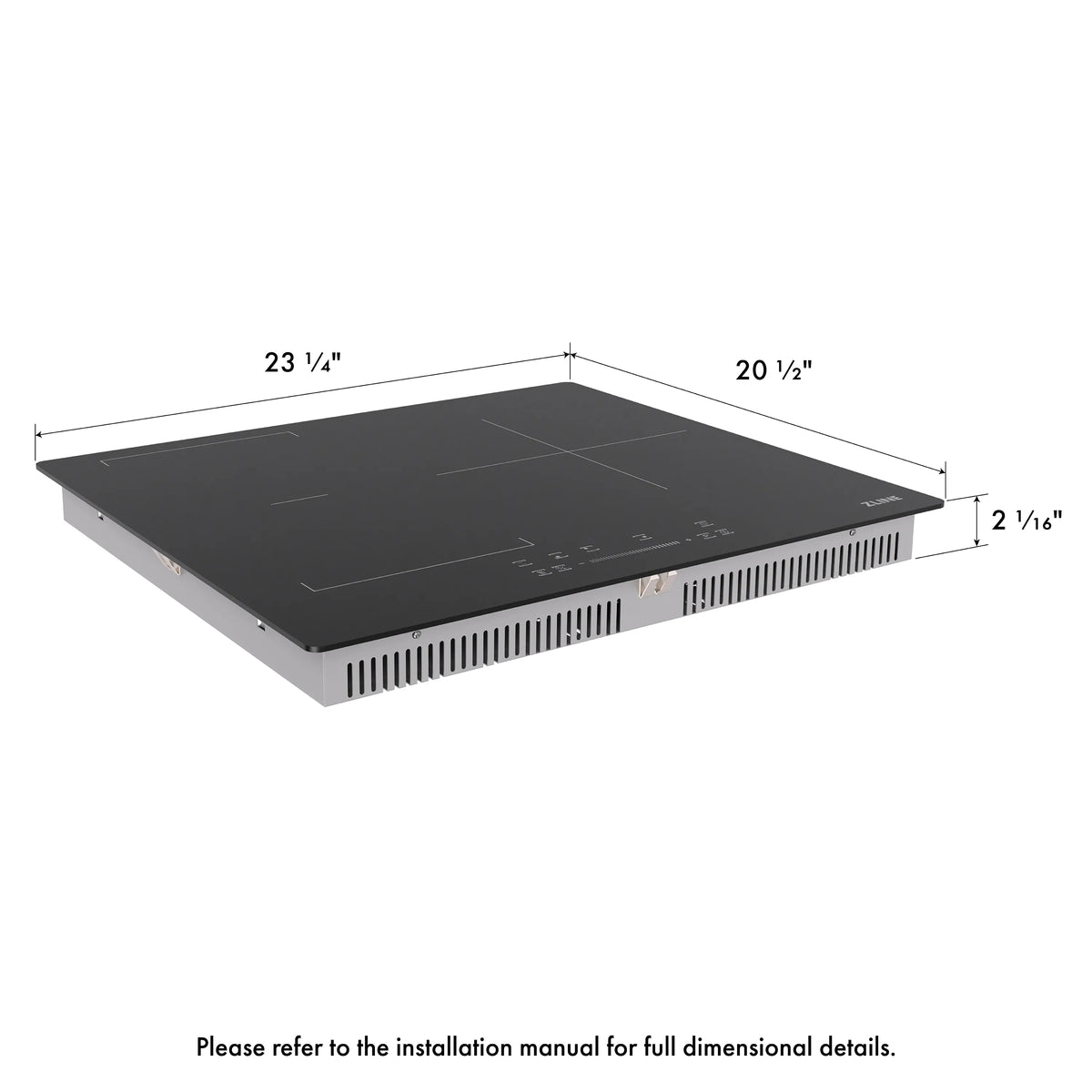 Black induction cooktop with dimensions shown and vented underside visible