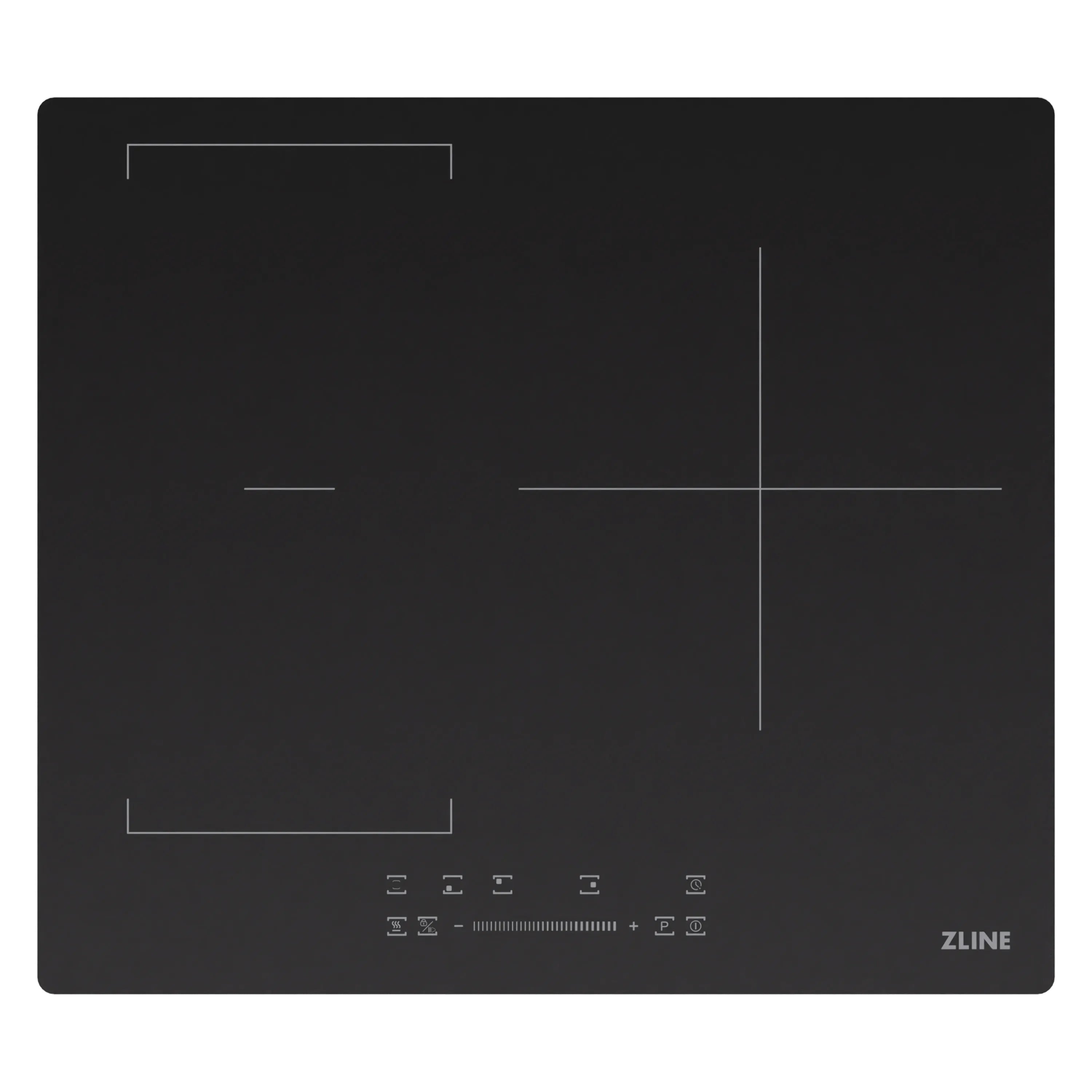 Close-up of black induction cooktop glass with touch controls and zone lines
