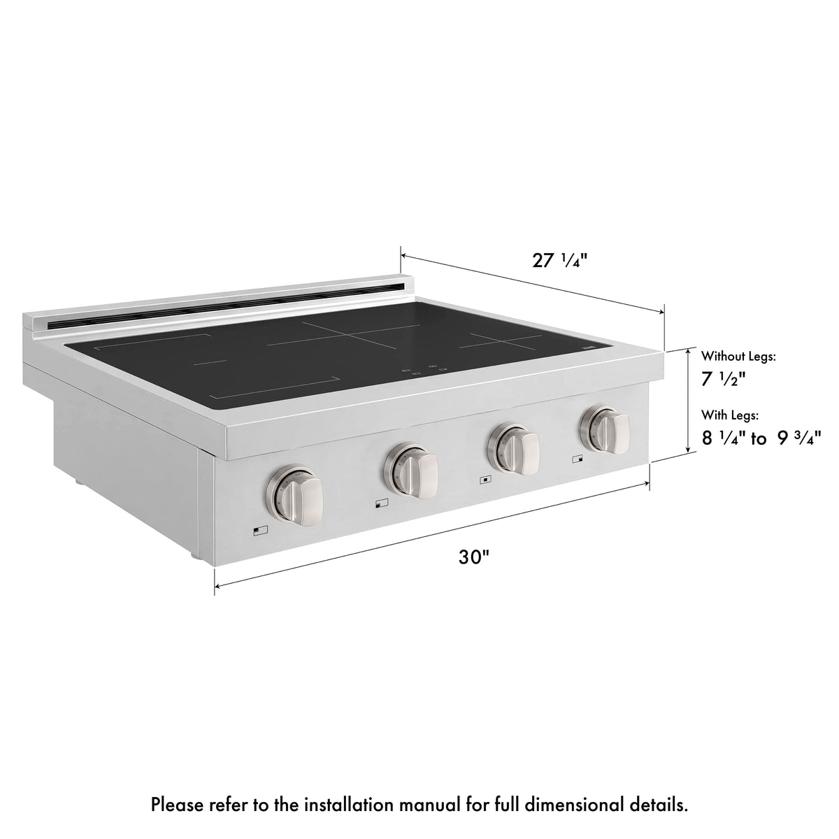 30-inch stainless steel induction rangetop with four knobs and black glass cooking surface