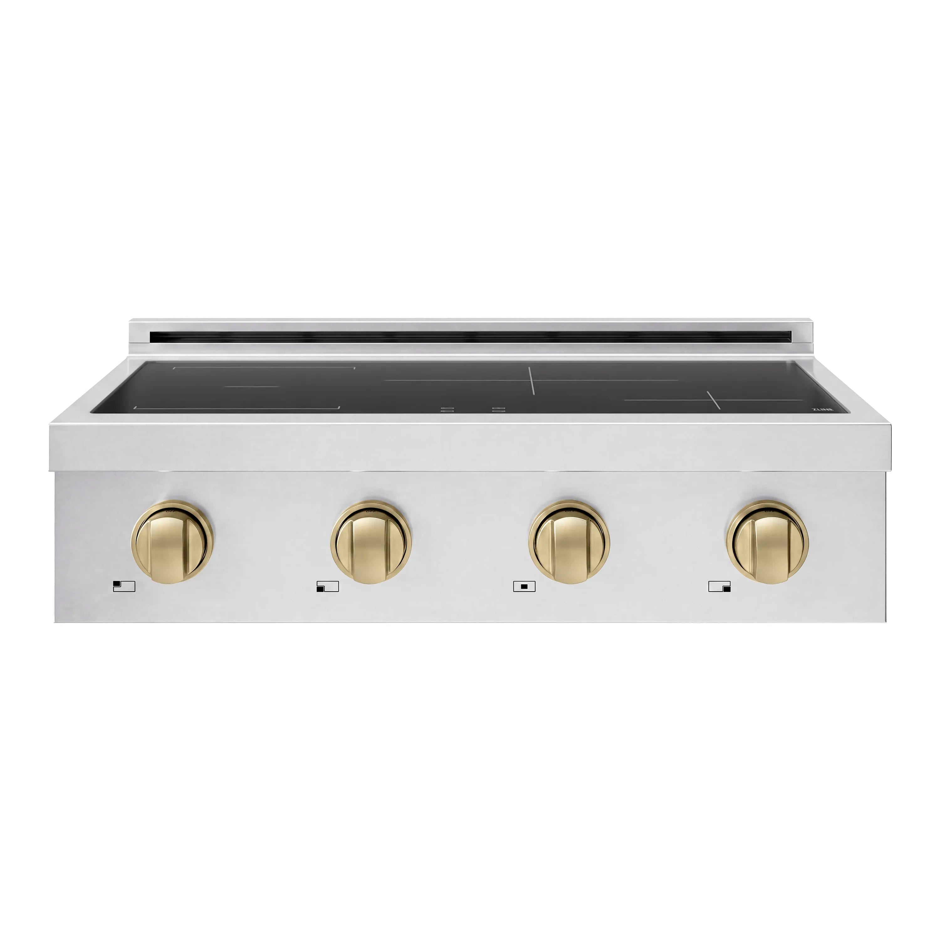 Front view of stainless steel induction cooktop with black glass surface and four bronze knobs
