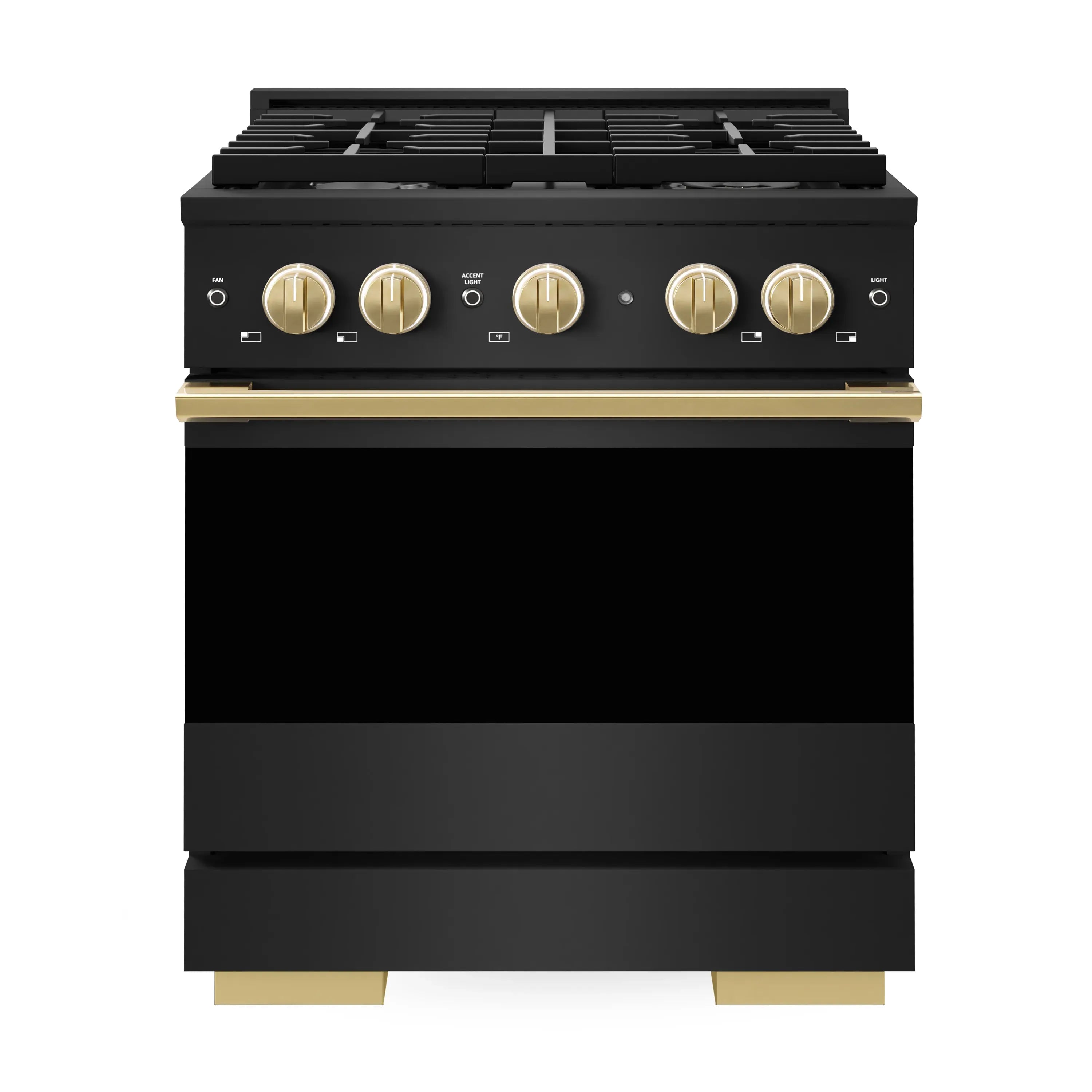 Black dual fuel range front with gold knobs and 4-burner gas cooktop