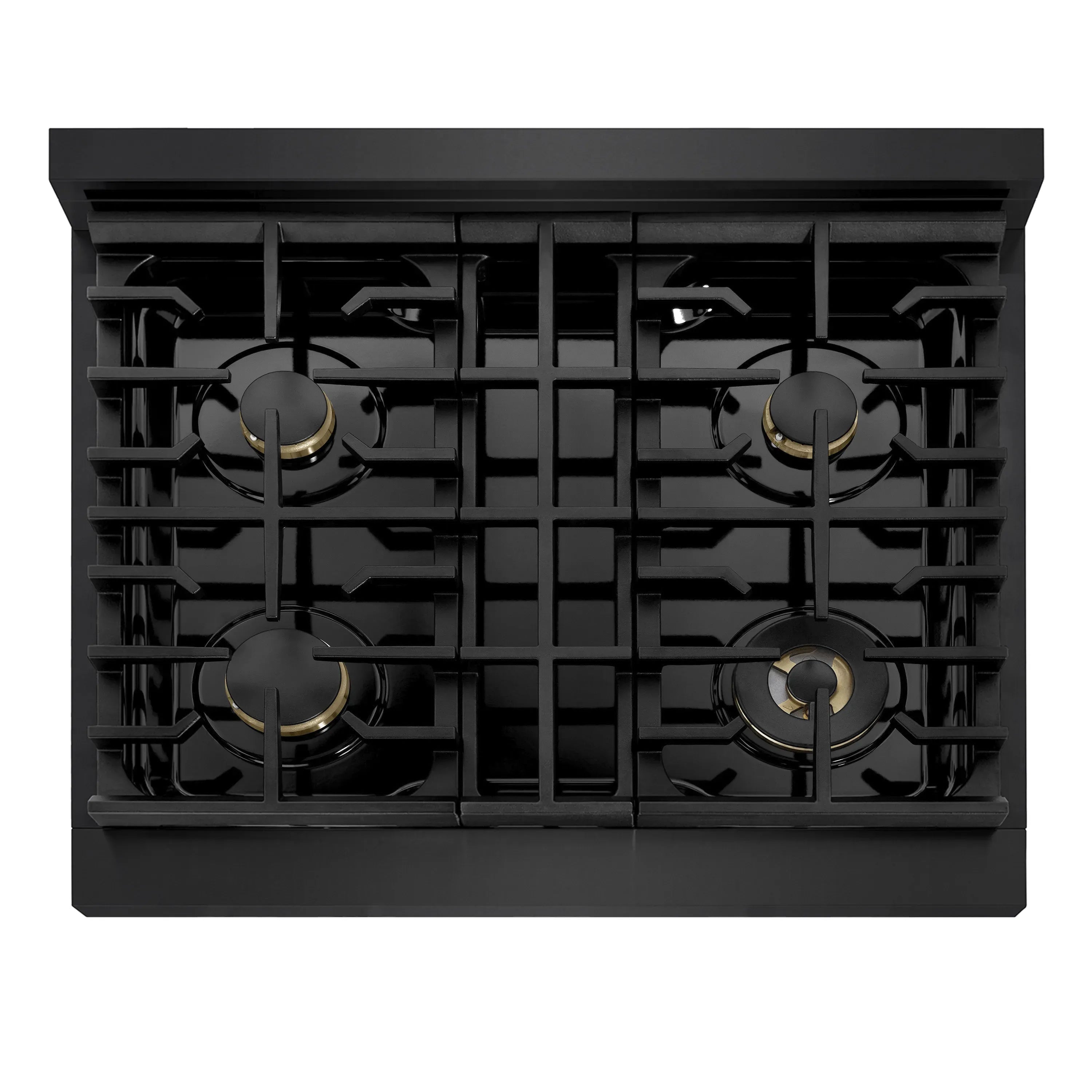 Black gas cooktop with four burners and gold-trimmed burner caps