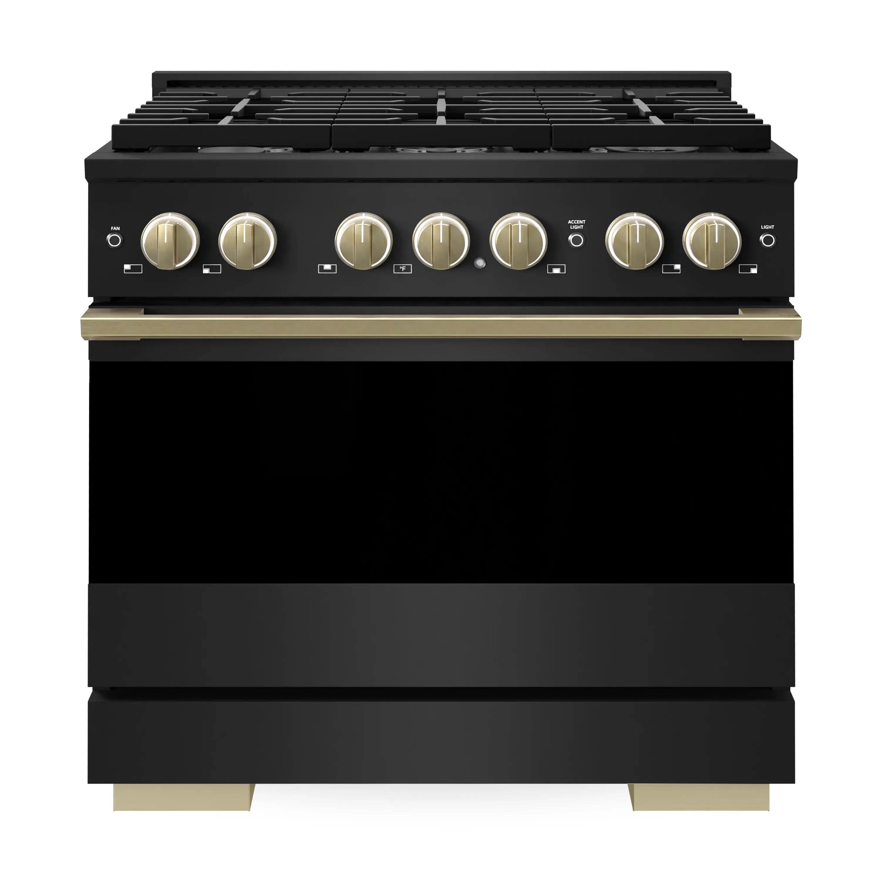 Front view of black range with six gas burners and champagne bronze control knobs