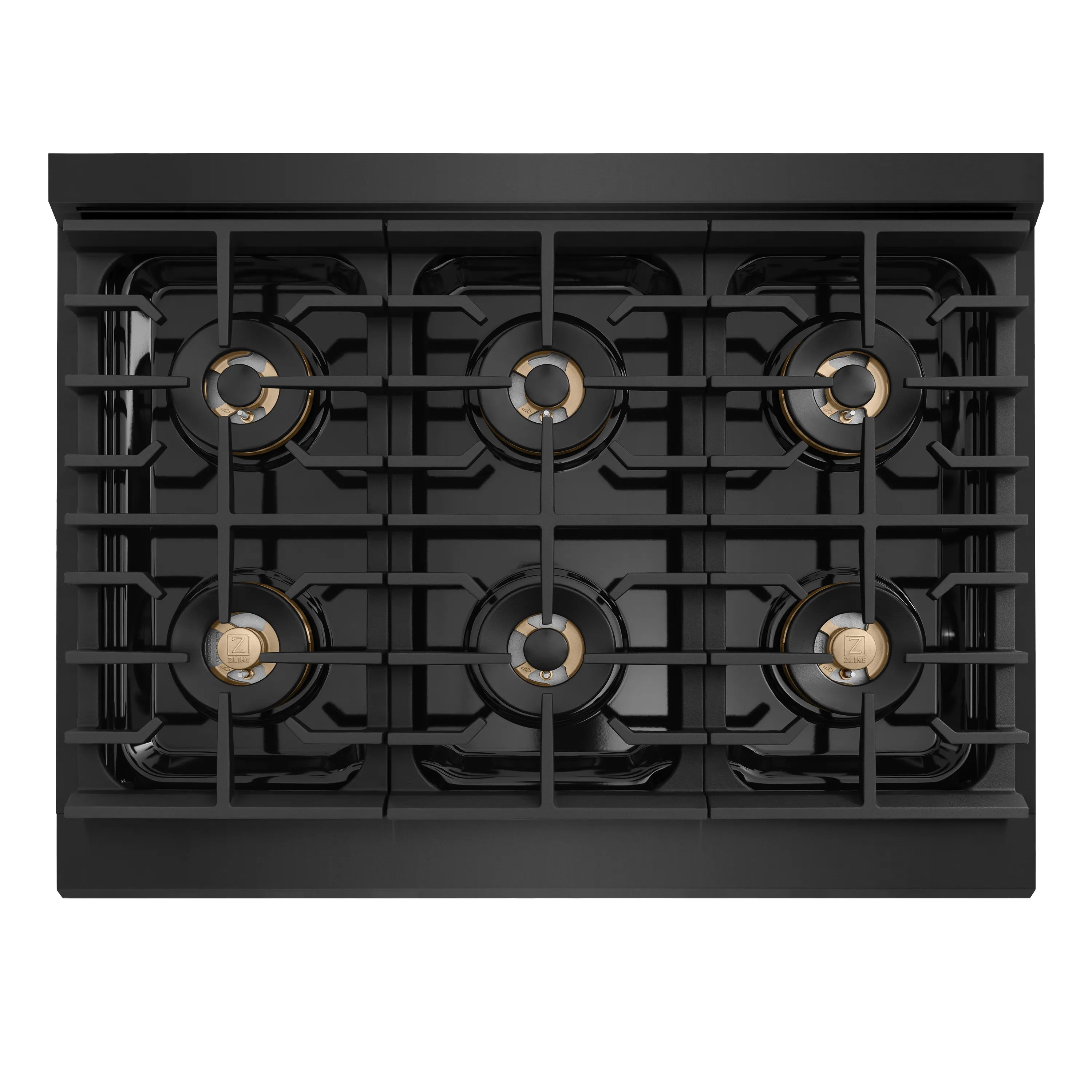 Black gas cooktop with six burners and metal grate layout
