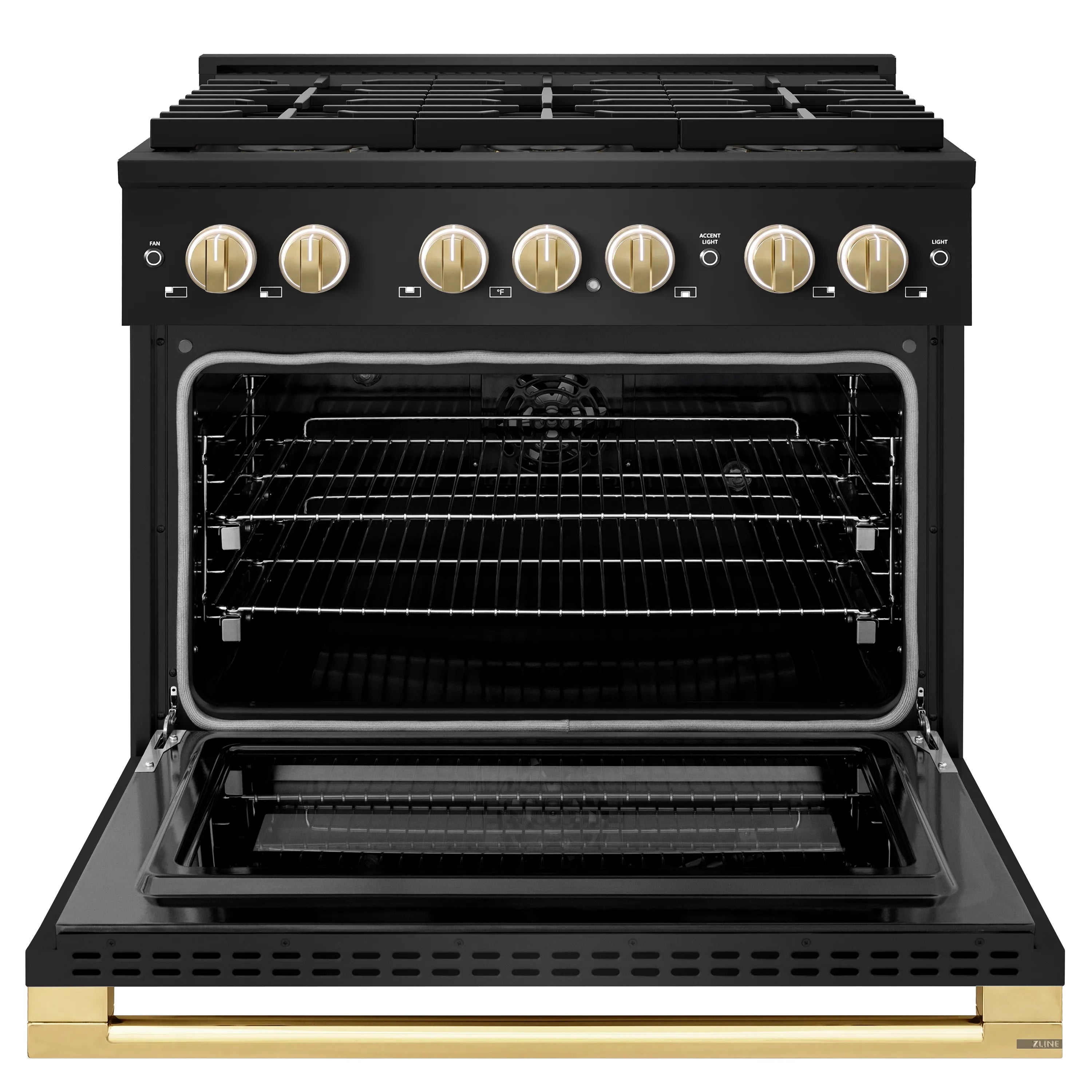 Dual fuel range with open oven door and wire racks, black interior
