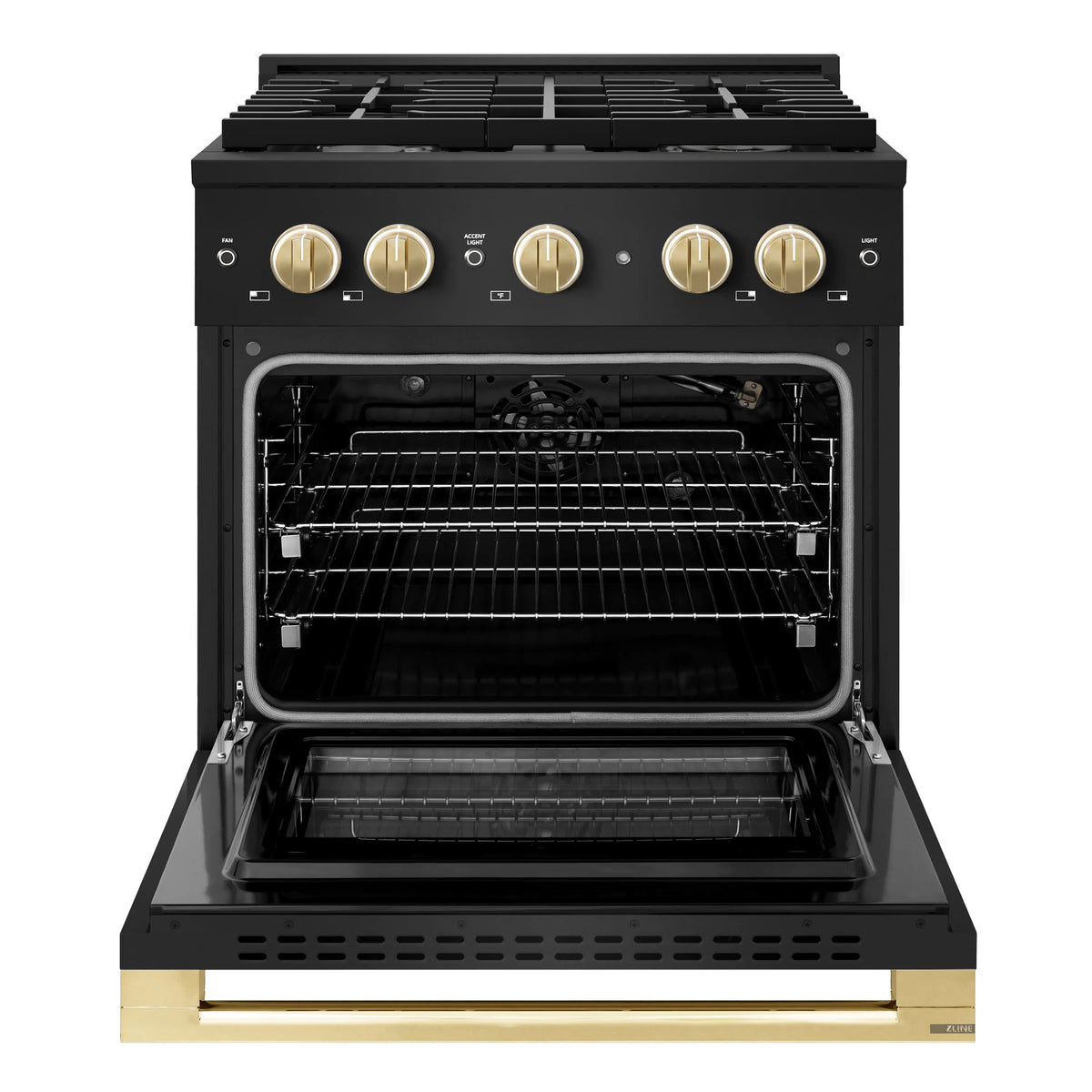 Open black convection oven showing racks and gold-accented control panel above.