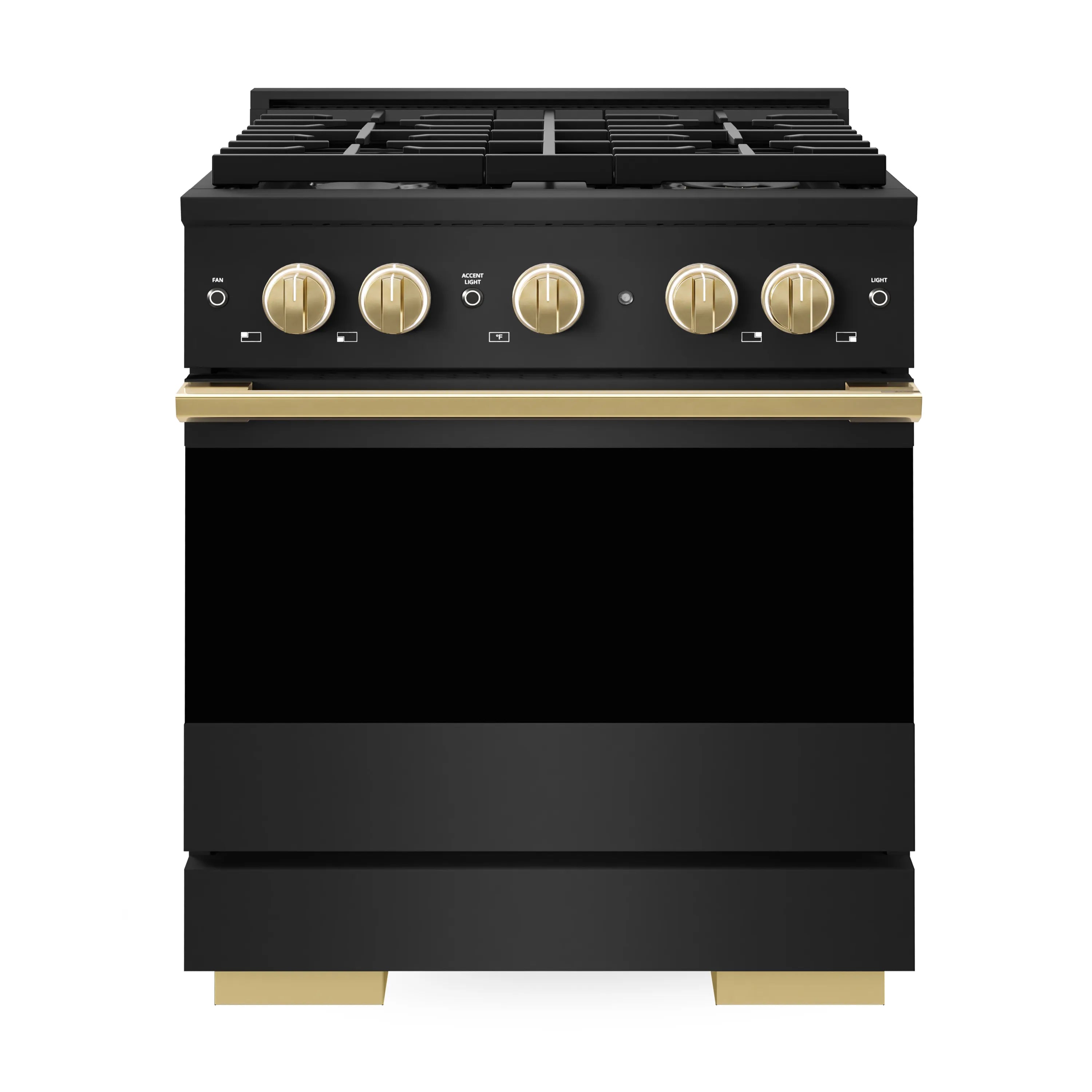 Black gas range front with gold feet and gold control knobs on the cooktop panel.