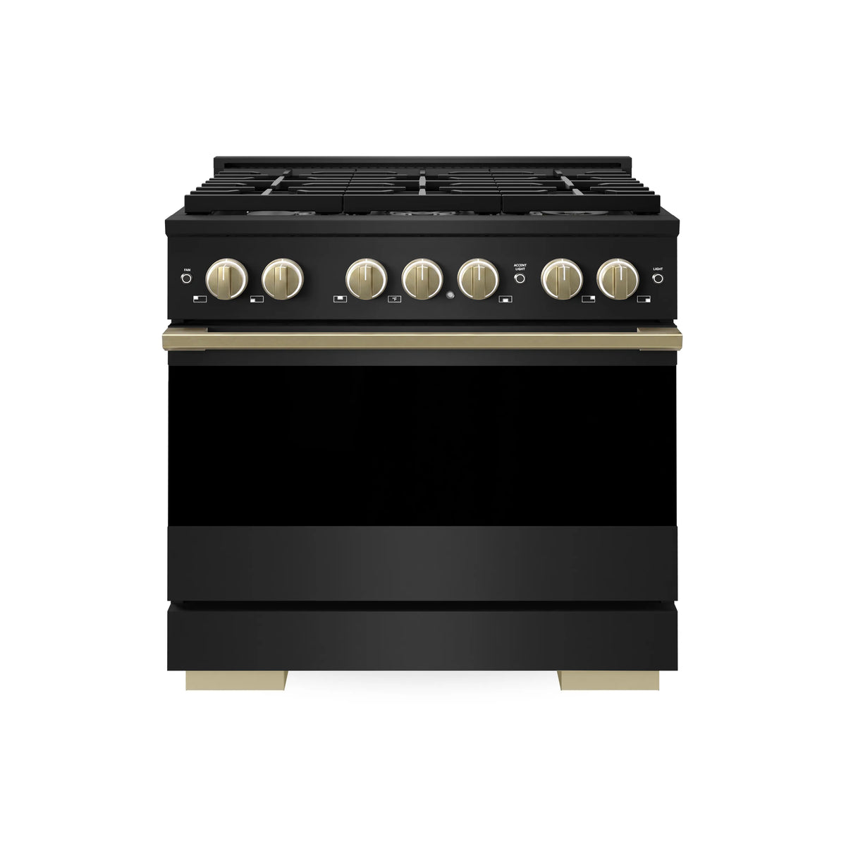 Front view of black gas range with gold control knobs and black oven door