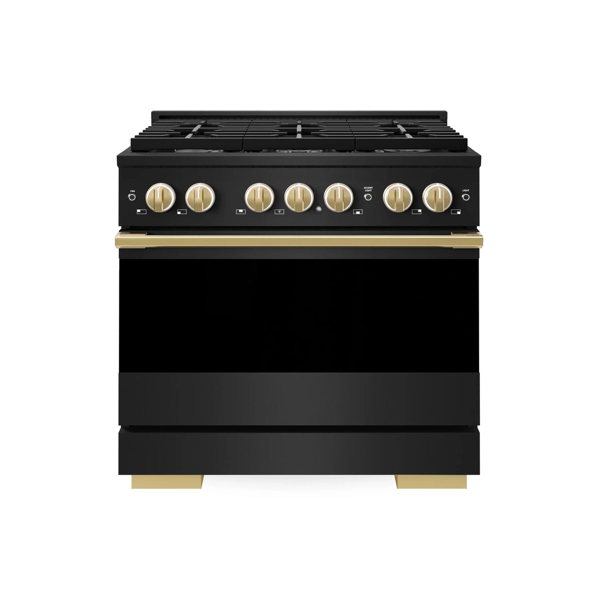 Black freestanding gas range with 6 burners and polished gold accent trim