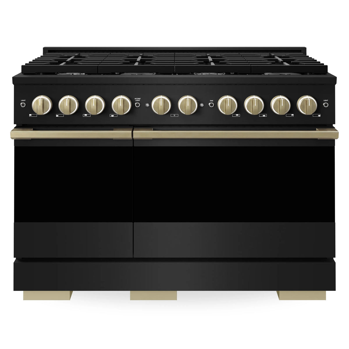 Black gas double oven range front with champagne bronze accents on the control panel
