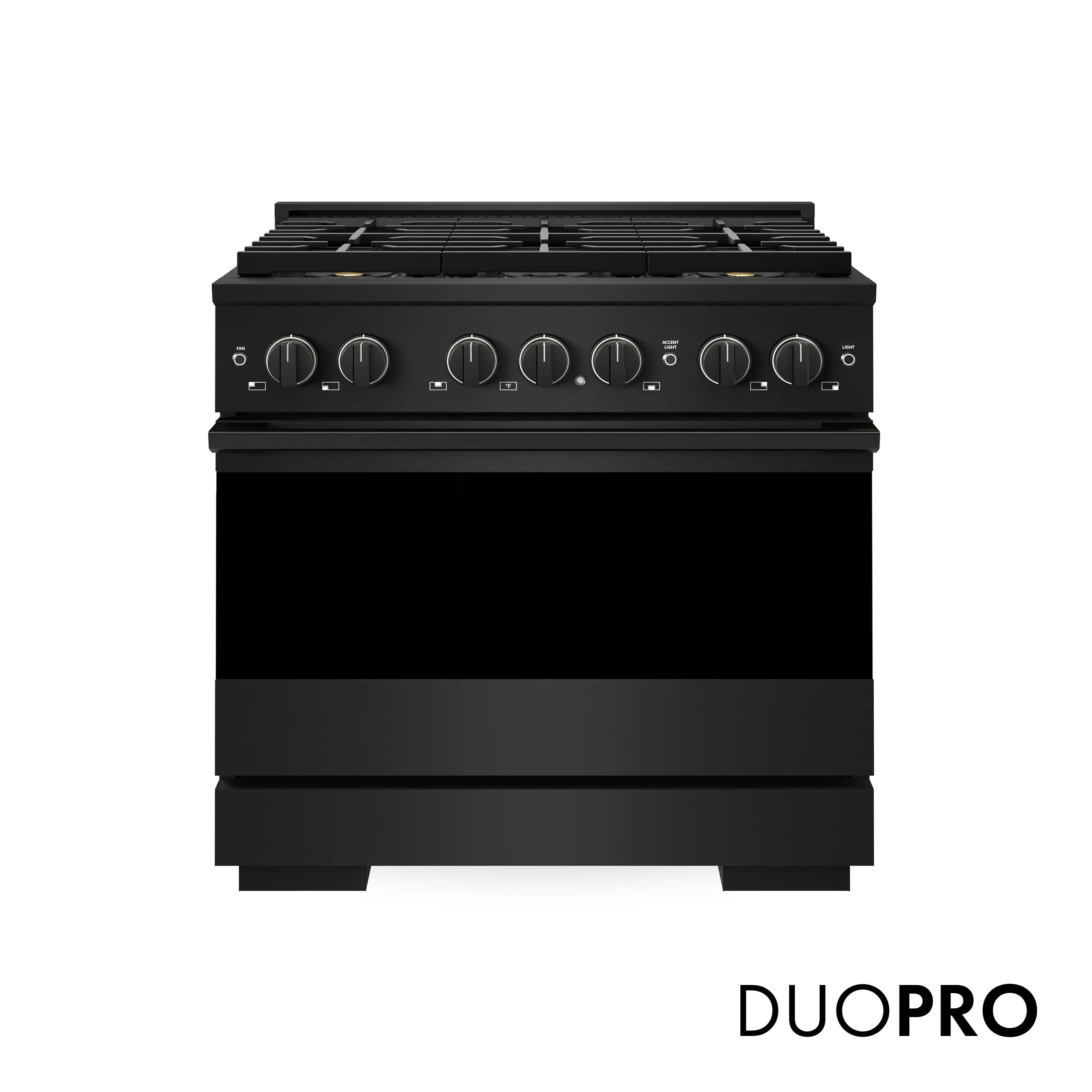 Black gas range front view with burner grates and control knobs above oven door