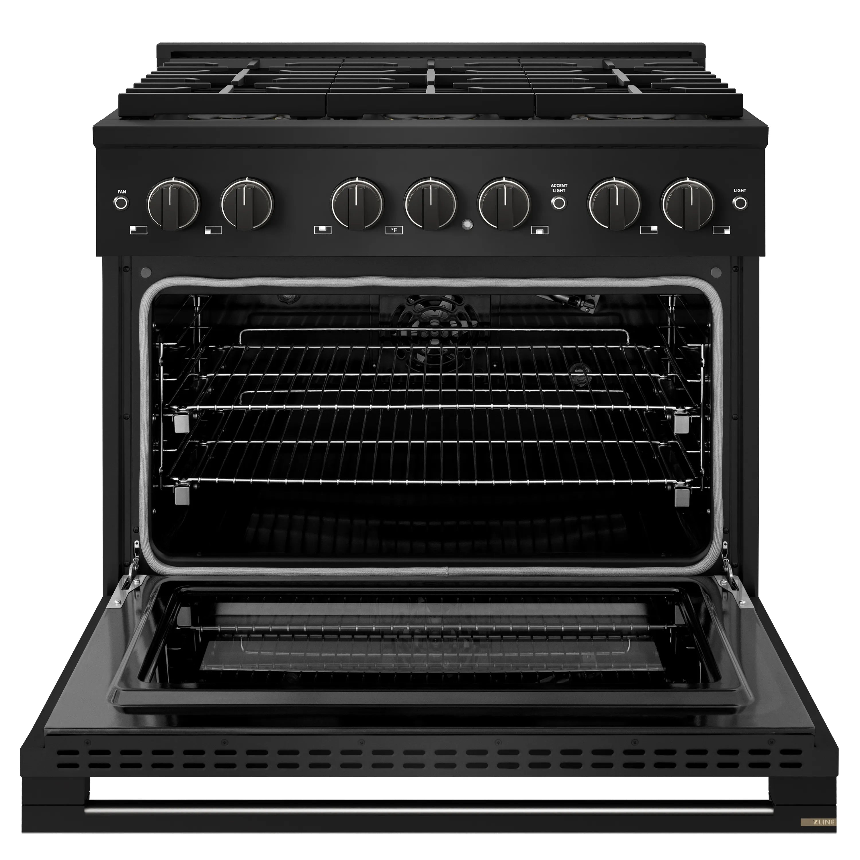 Black stainless gas range with open oven door and control knobs