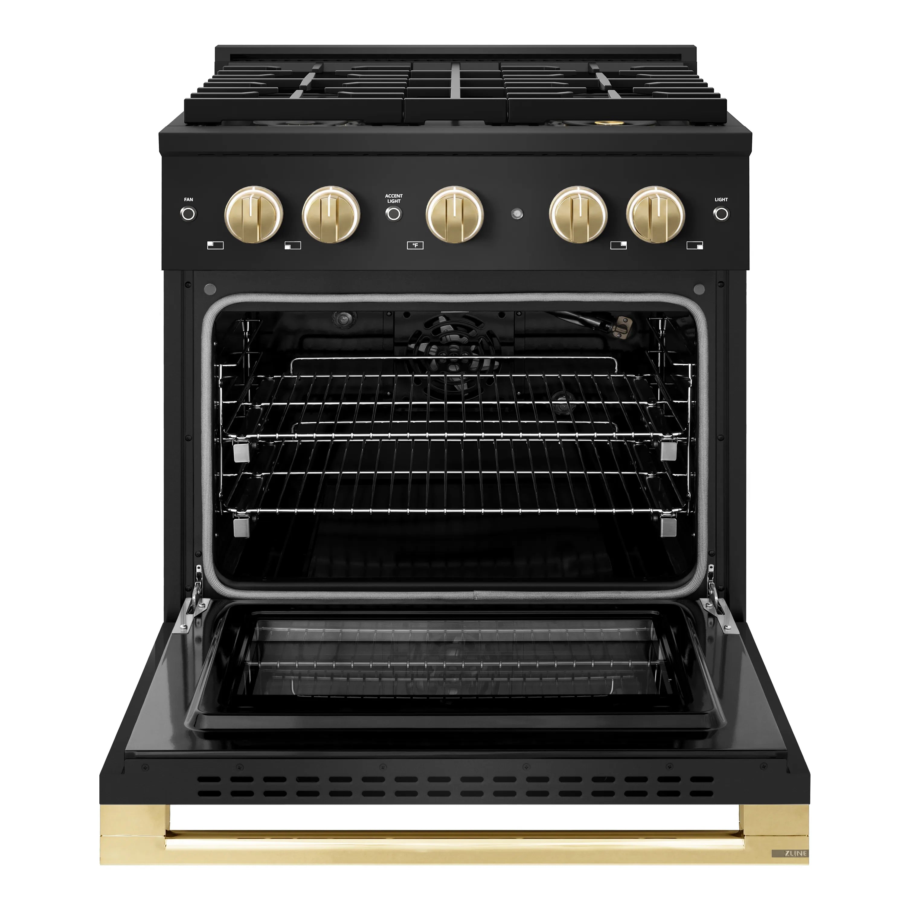 Black gas range with open convection oven door and gold control knobs