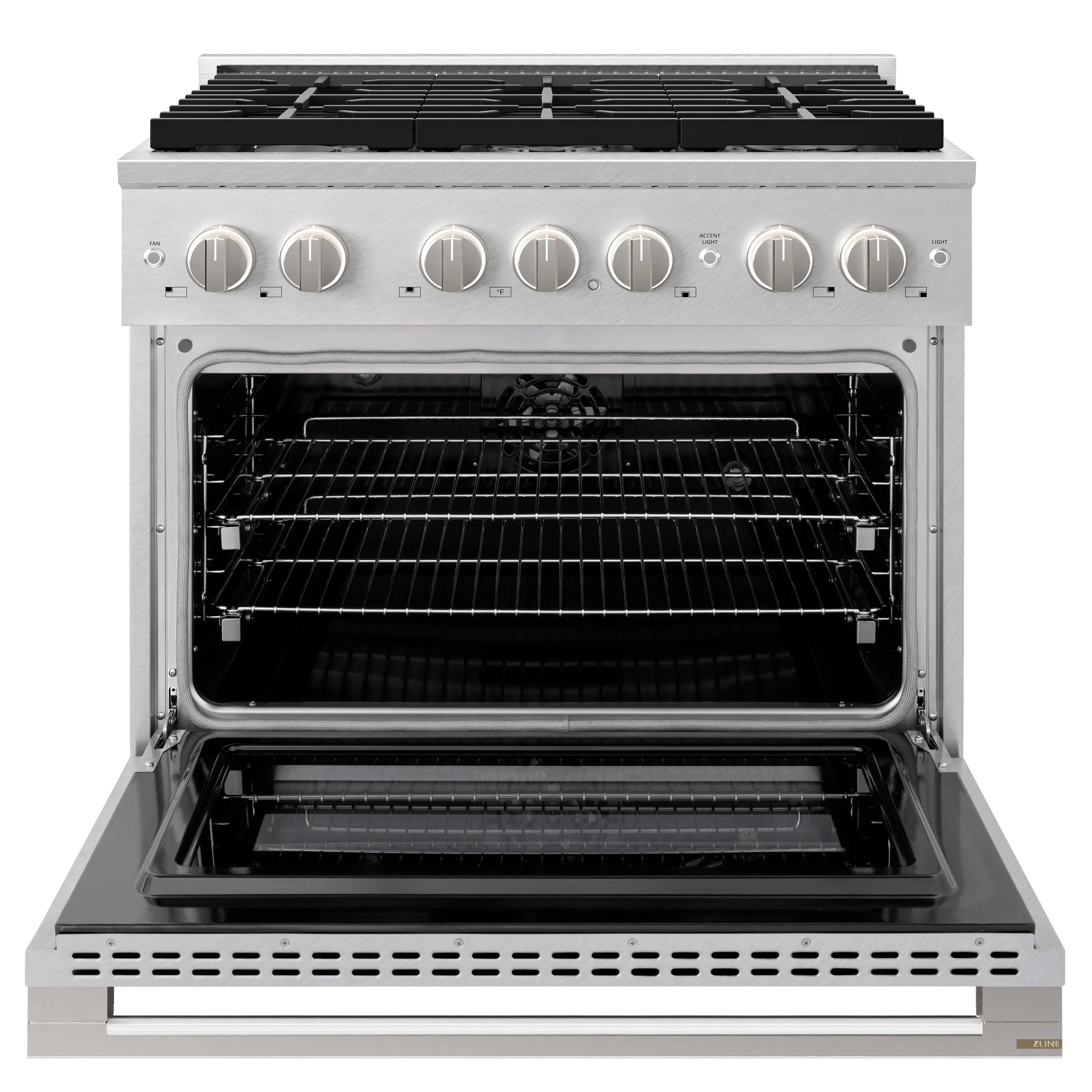 ZLINE 36-Inch 5.2 Cu. Ft. Marino Dual Fuel Range with Gas Cooktop and Electric Convection Oven in Satin Stainless Steel with 6 Brass Burners (MDRS-BR-36)