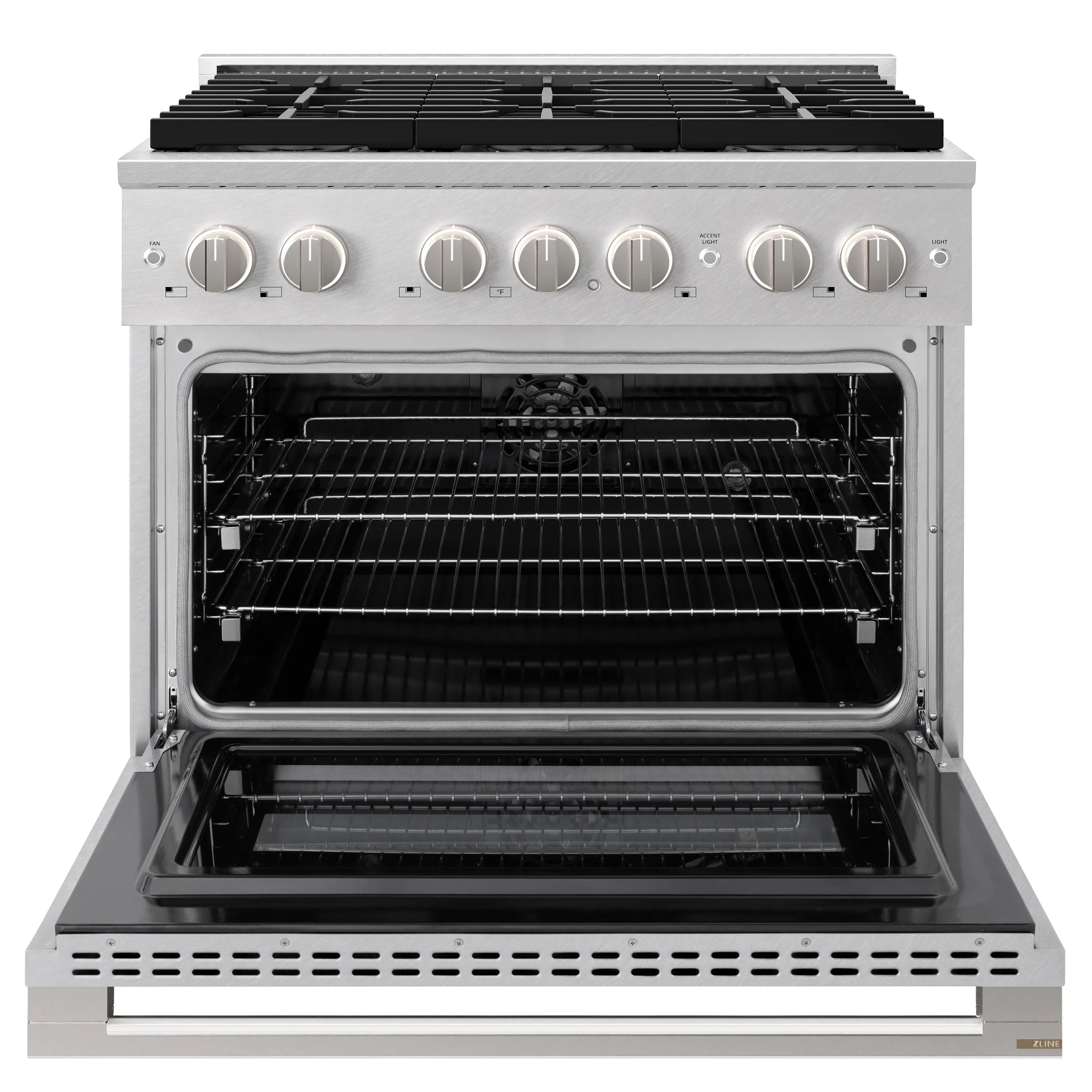 Satin stainless steel dual fuel range with open electric convection oven door and racks