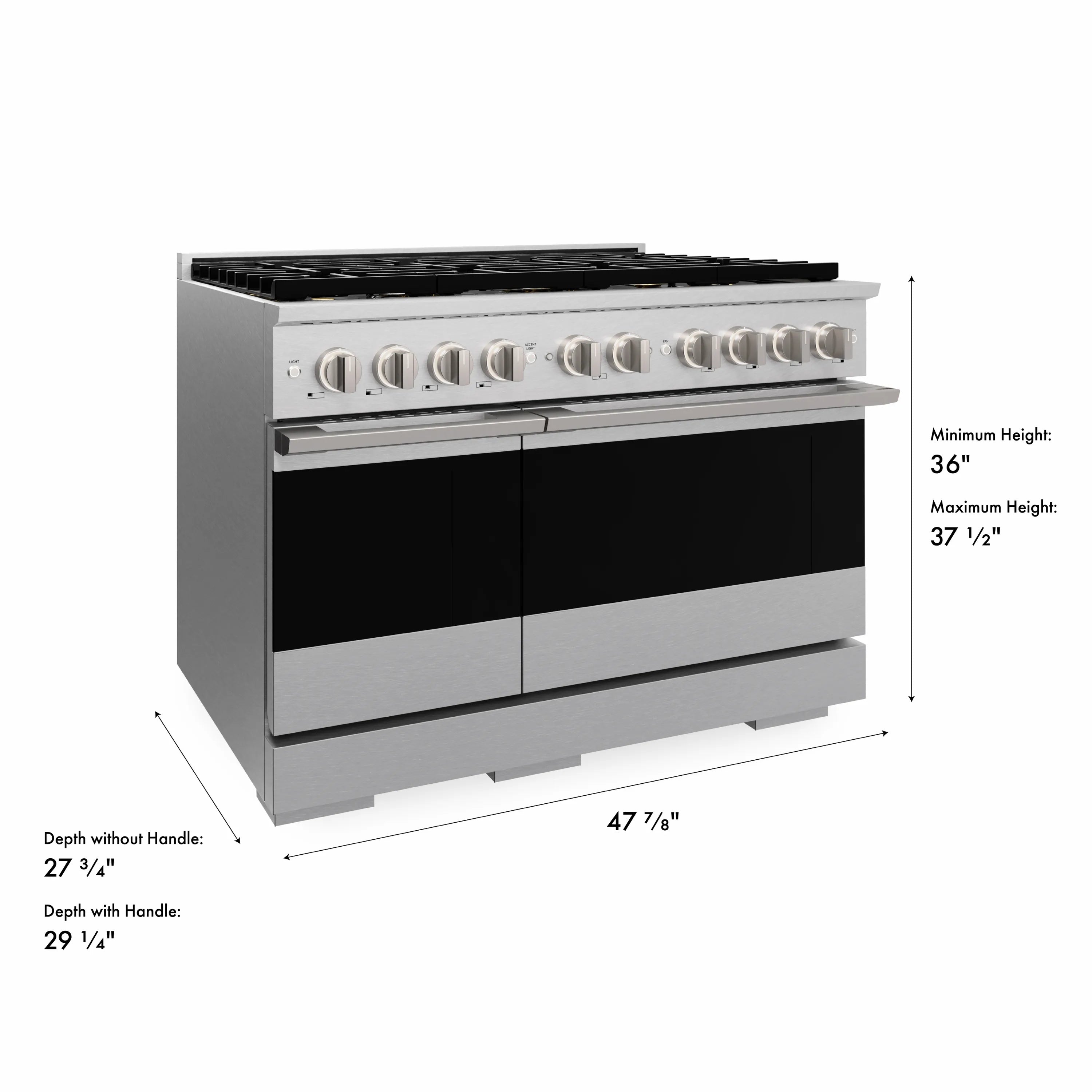 Stainless steel dual fuel range side view with front controls and height markings