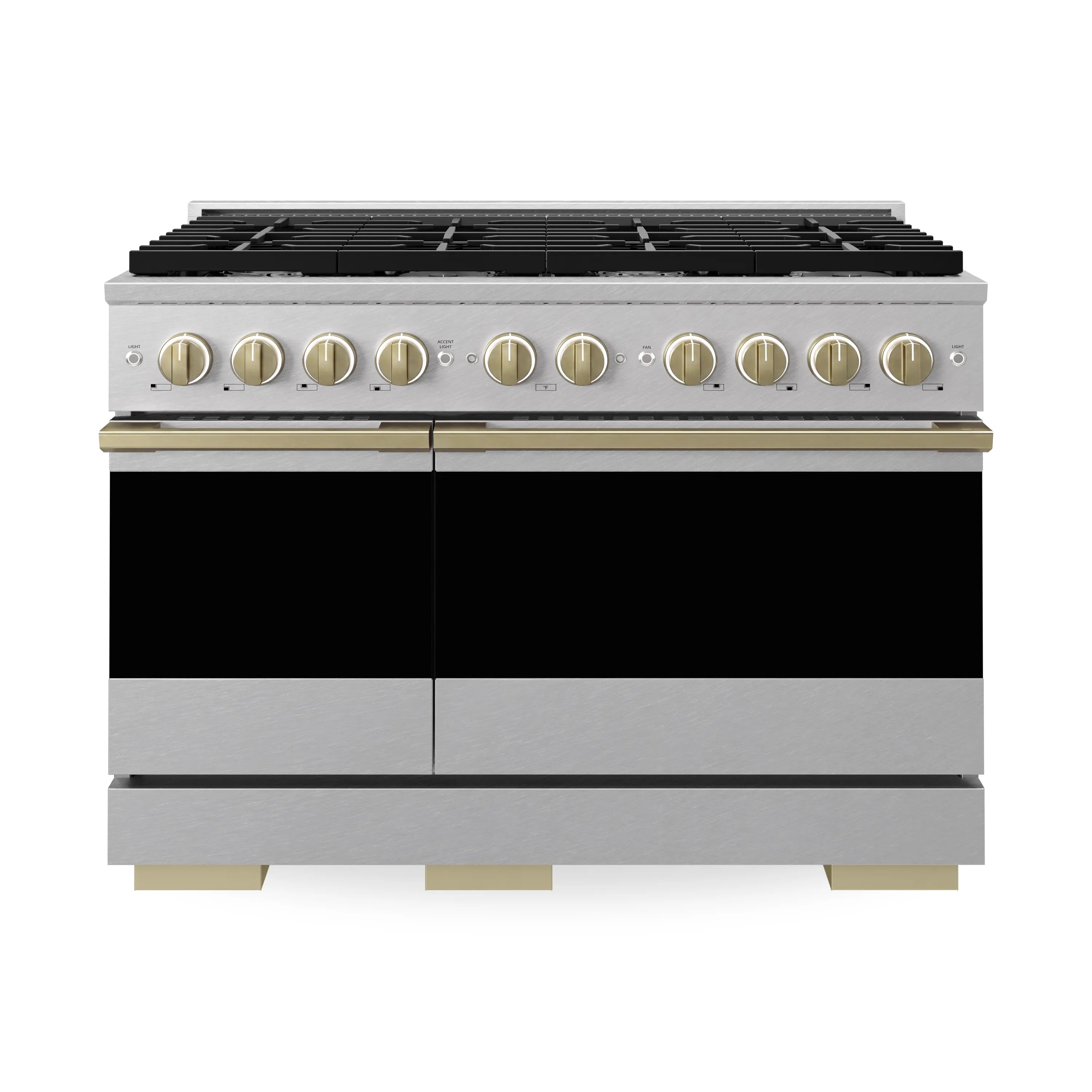 ZLINE Autograph Edition 48-Inch 6.7 Cu. Ft. Marino Double Oven Dual Fuel Range with 8 Burner Gas Cooktop in Satin Stainless Steel and Champagne Bronze Accents (MDRSZ-48-CB)