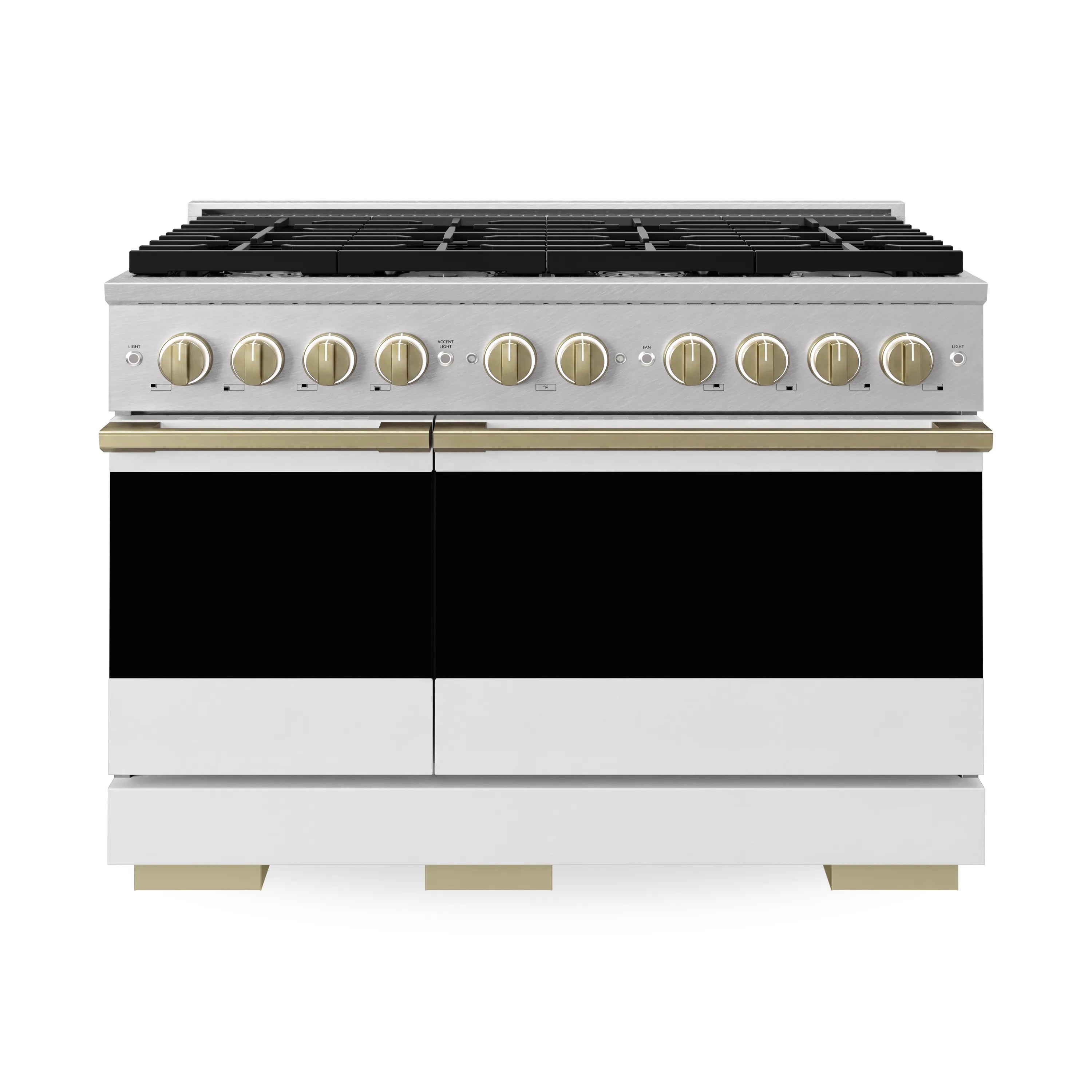 ZLINE Autograph Edition 48-Inch 6.7 Cu. Ft. Marino Double Oven Dual Fuel Range with 8 Burner Gas Cooktop in Satin Stainless Steel with White Matte Doors and Champagne Bronze Accents (MDRSZ-WM-48-CB)