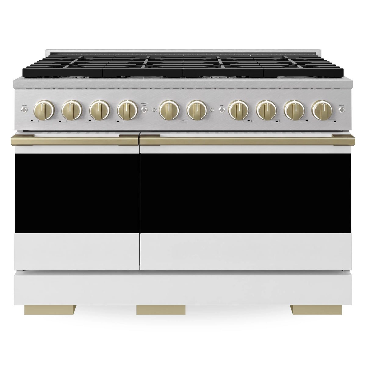 Dual-fuel gas range front with 8 burner controls, white matte doors, and bronze accents