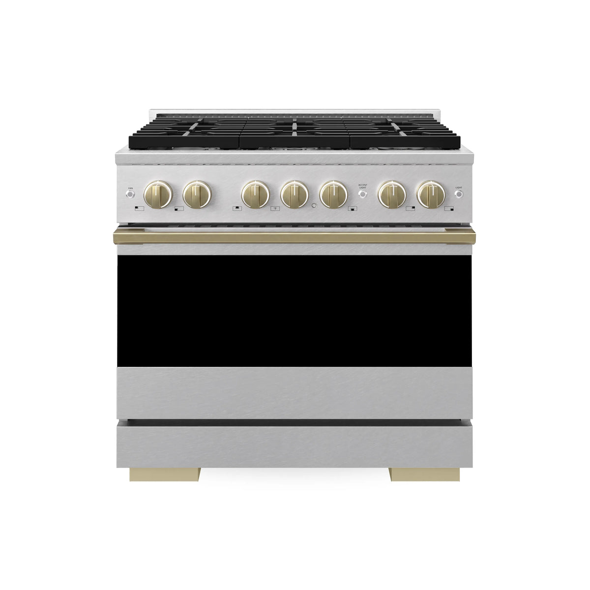 Satin stainless gas range with champagne bronze control knobs and black cooktop grates