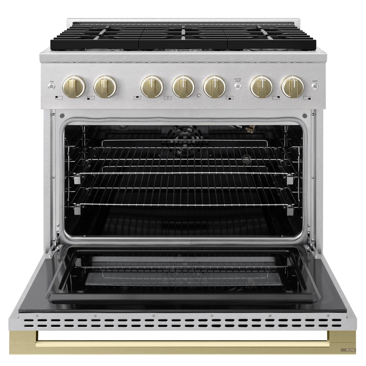 Gas range with oven door open showing interior racks and convection-style elements