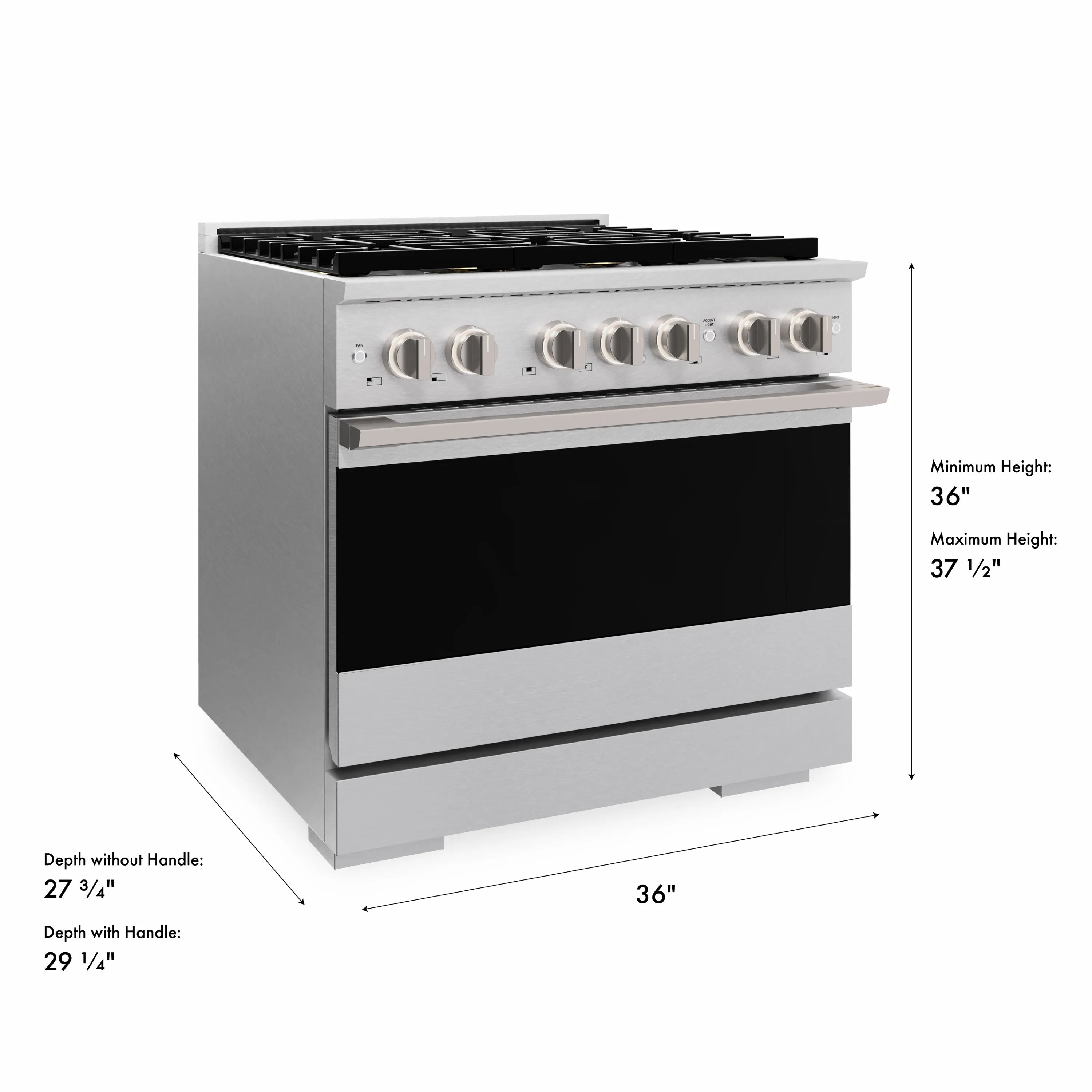 Satin stainless gas range with six burner cooktop and black oven door, side view