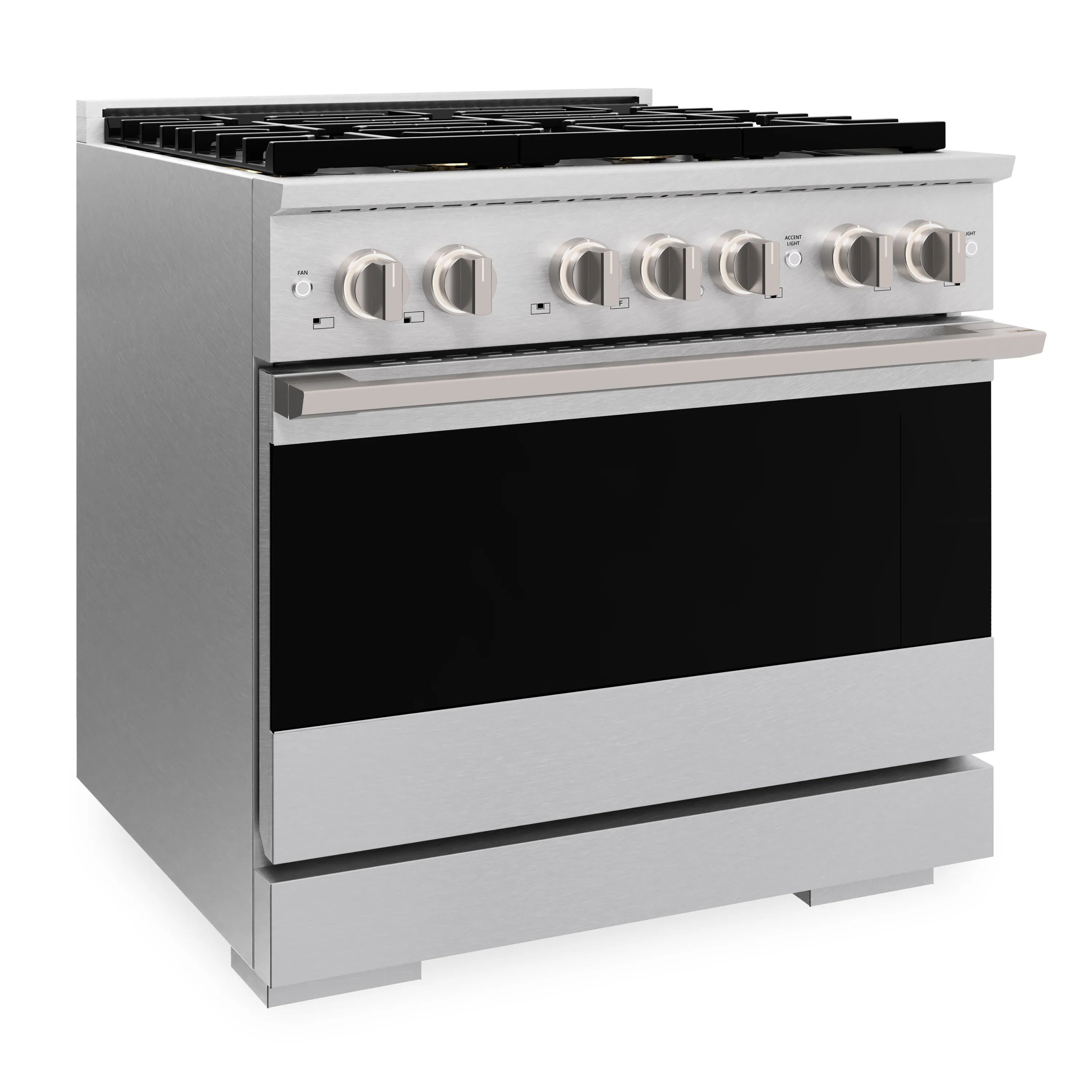 Satin stainless gas range with black glass oven door and six front burner knobs