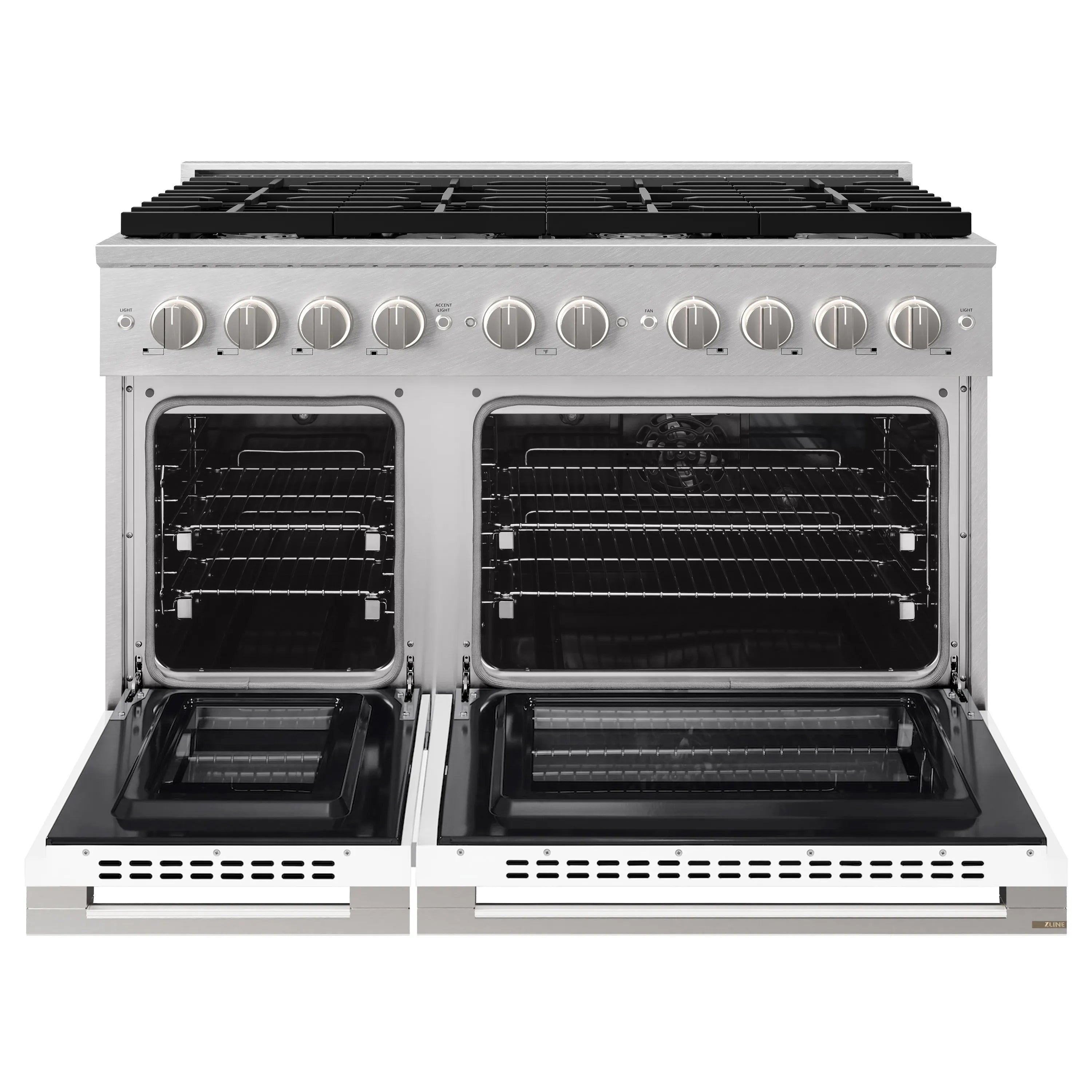 ZLINE 48-Inch 6.7 Cu. Ft. Marino Double Oven Dual Fuel Range with 8 Burner Gas Cooktop in Satin Stainless Steel with White Matte Doors (MDRS-WM-48)