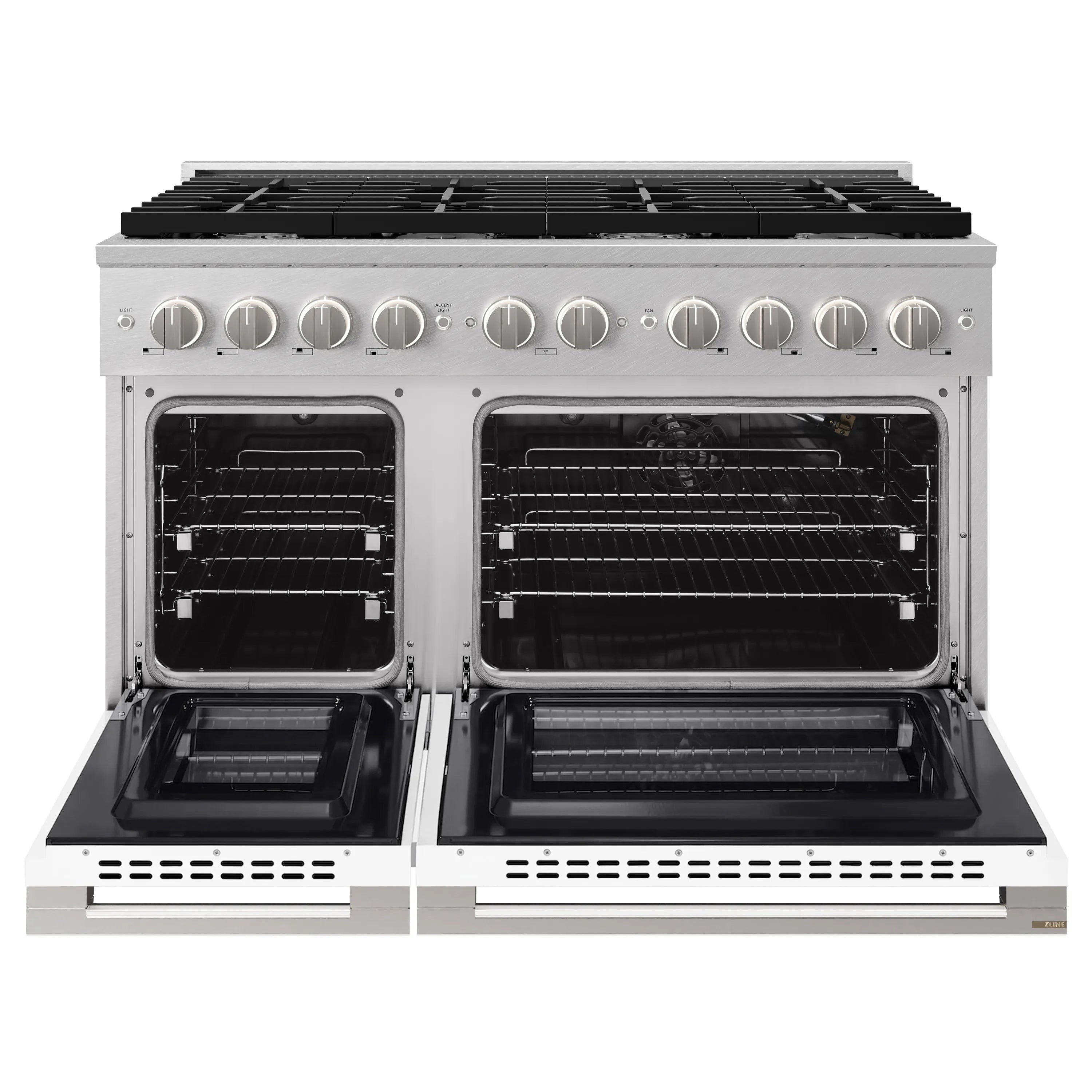 ZLINE 48-Inch 6.7 Cu. Ft. Marino Double Oven Gas Range with 8 Burner Cooktop in Satin Stainless Steel with White Matte Doors (MGRS-WM-48)