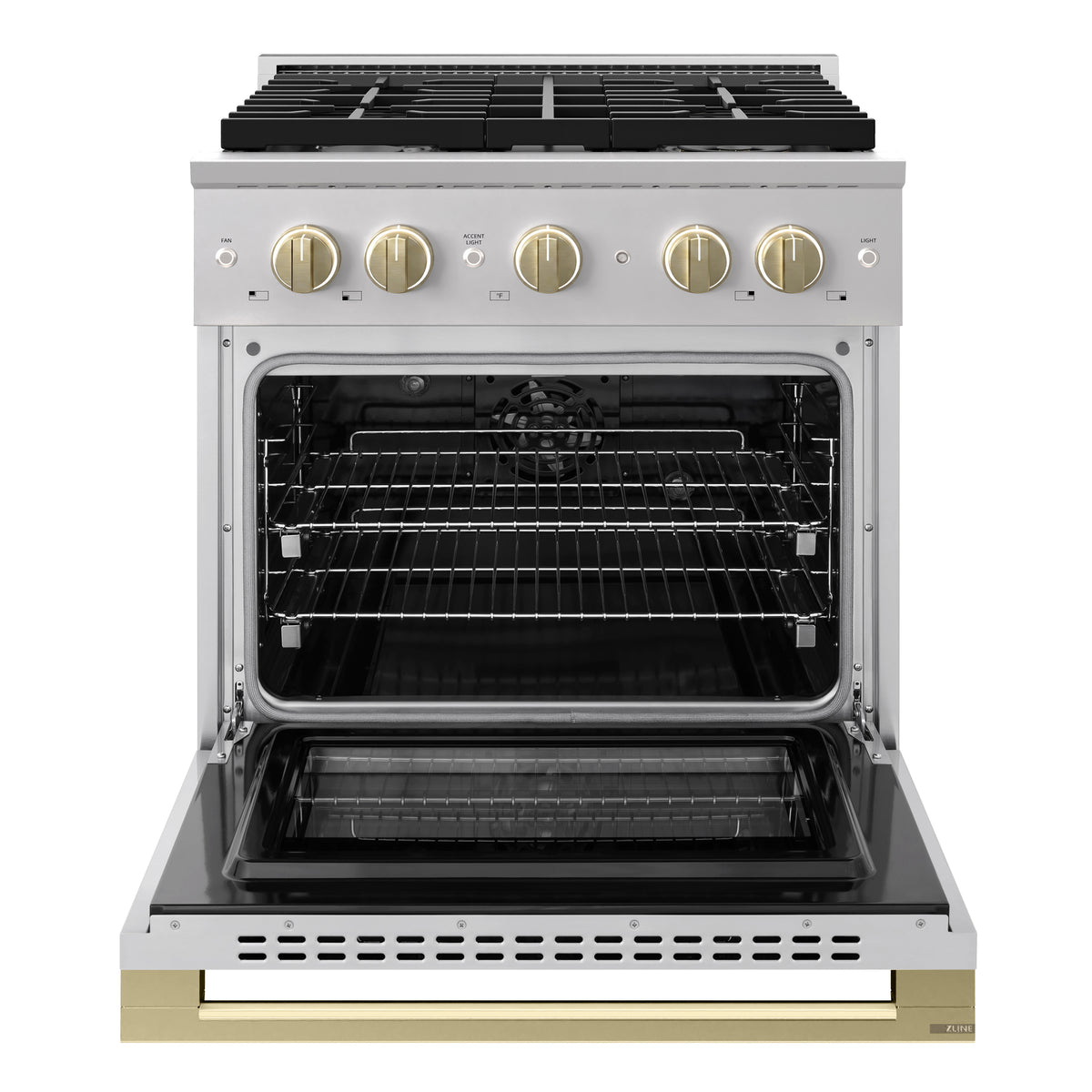 Stainless dual fuel range with open electric convection oven and bronze control knobs