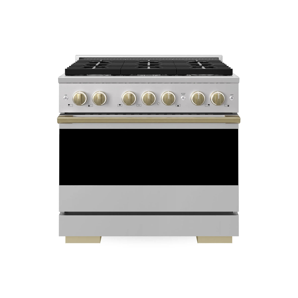 Stainless dual fuel range with black oven door and champagne bronze control knobs