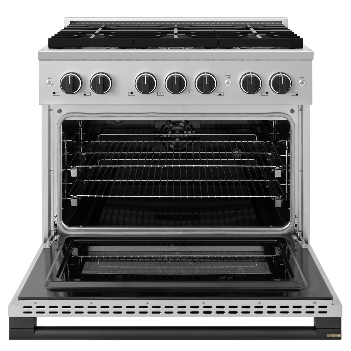 Dual fuel range with open oven door showing racks and dark convection interior