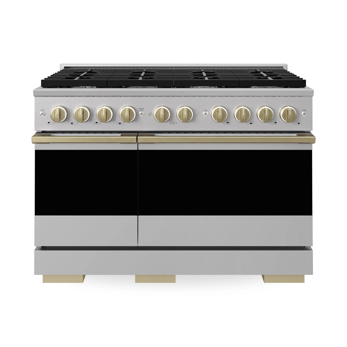Front view dual fuel range with black grates and champagne bronze knob accents