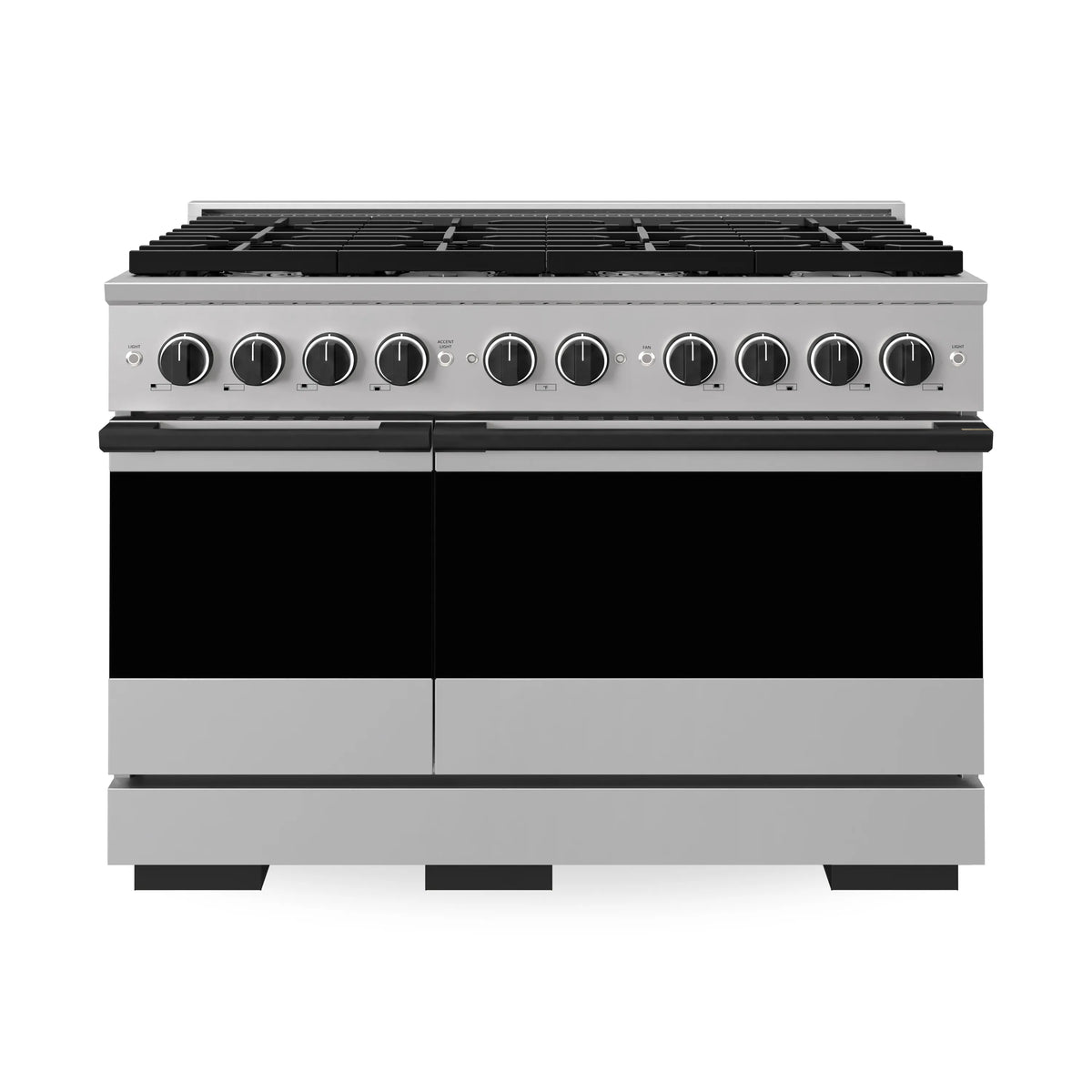Stainless and matte black dual fuel range front with closed oven doors