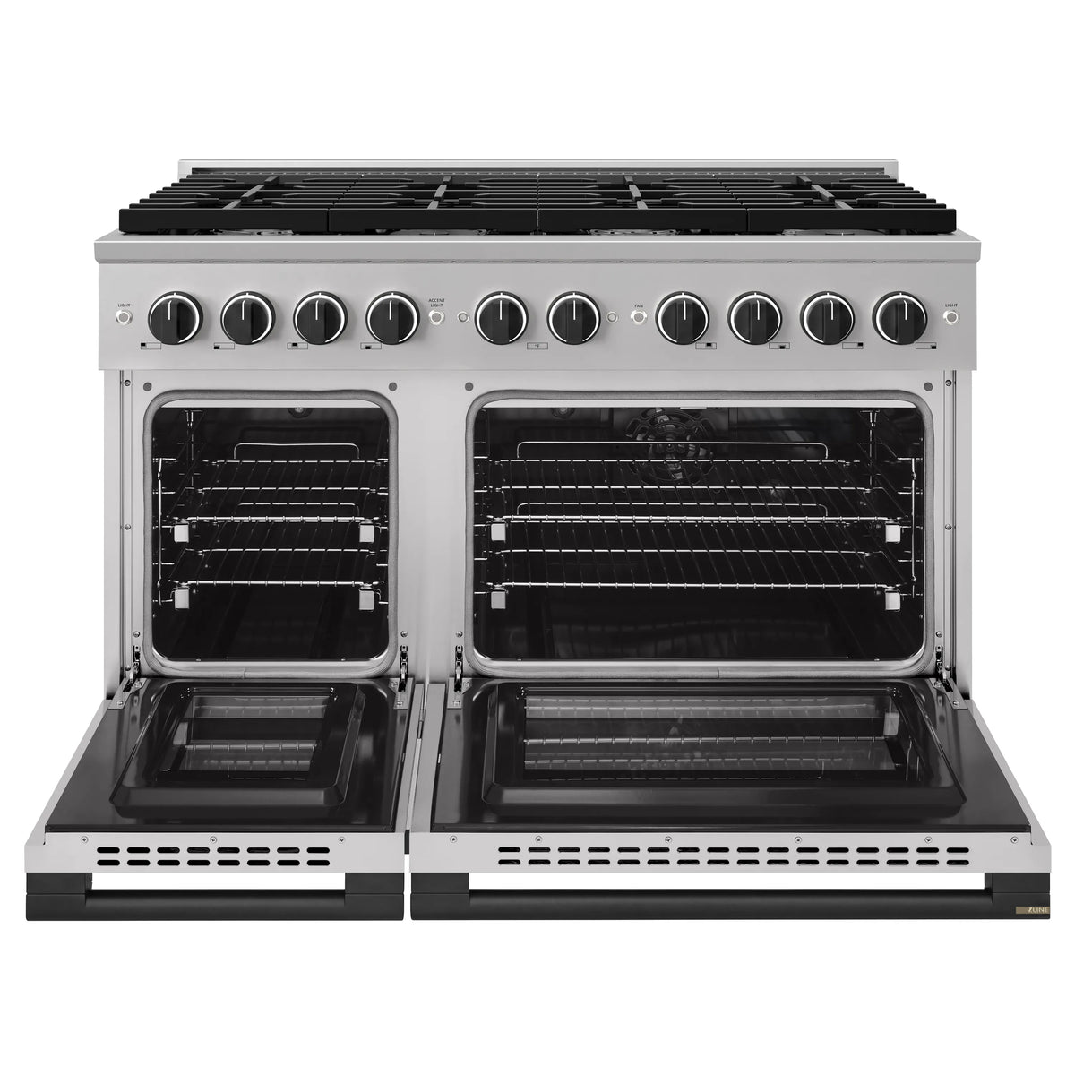 Dual fuel range with two open oven doors and metal racks