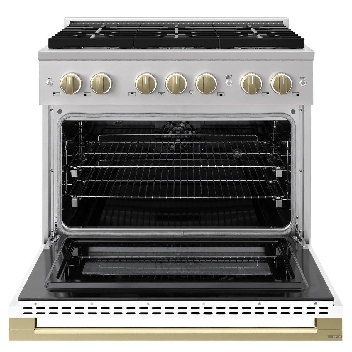 Stainless dual fuel range with open electric convection oven and six burner cooktop