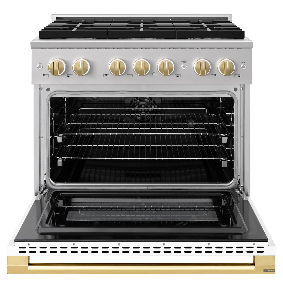 Stainless gas range with open oven door and black oven cavity