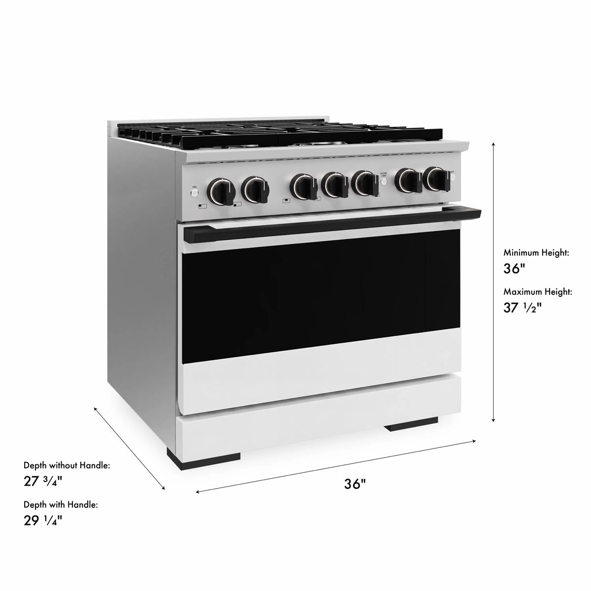 Stainless dual fuel range with white matte door and black burner grates