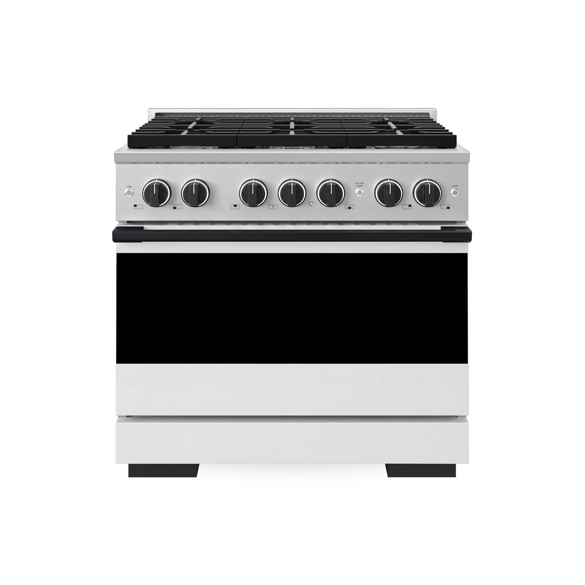 Stainless dual fuel range with black control knobs and cooktop grates