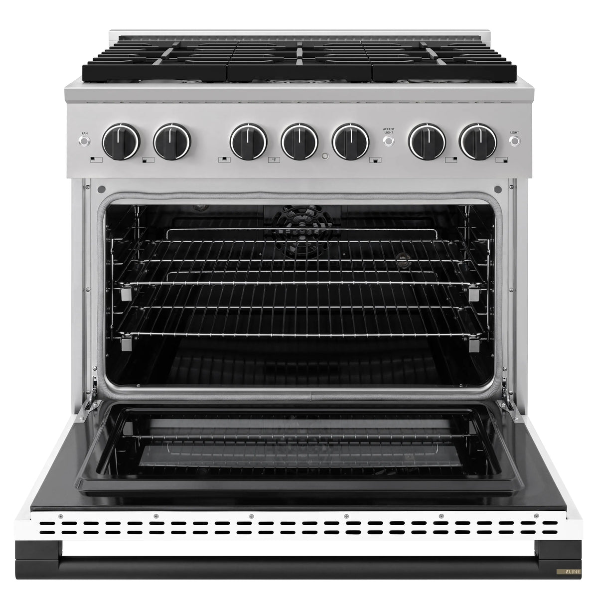 Open oven door showing wire racks inside dual fuel range