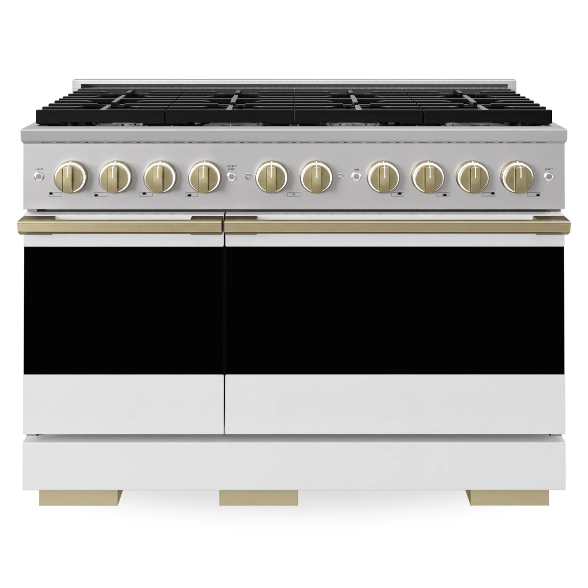 Stainless and white range front with black grates and champagne-bronze control knobs