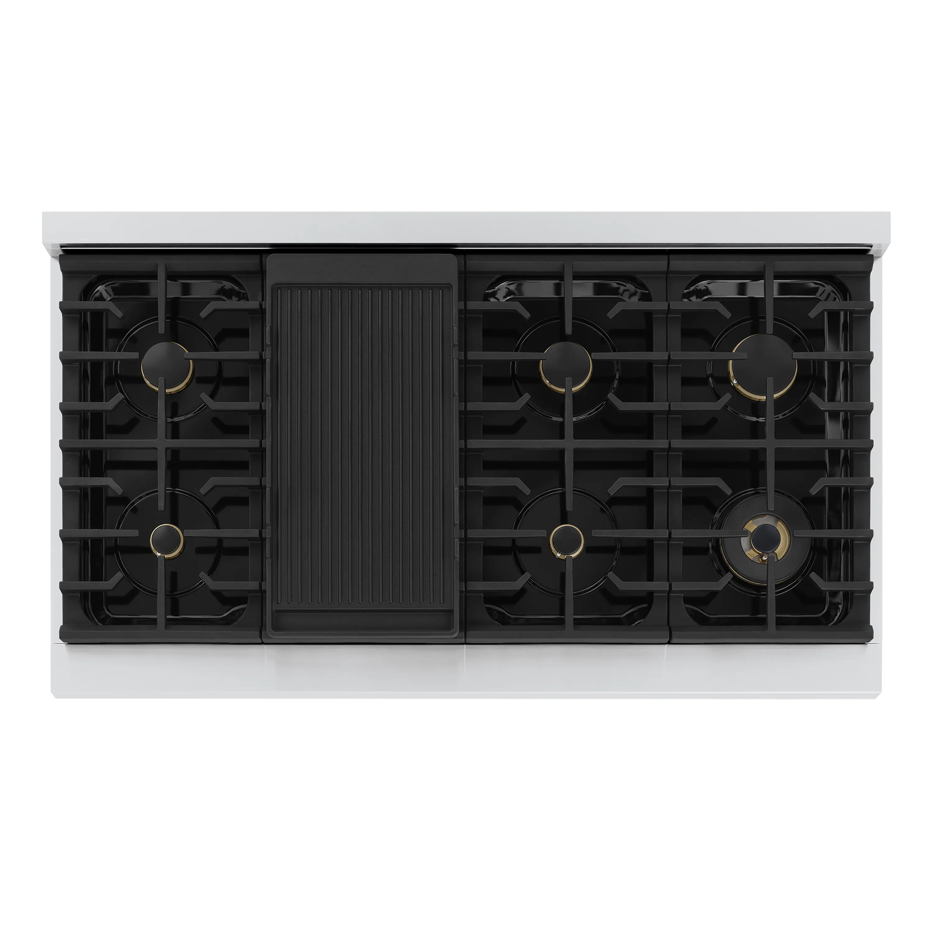 Dual fuel range cooktop with black grates and burner layout across the top